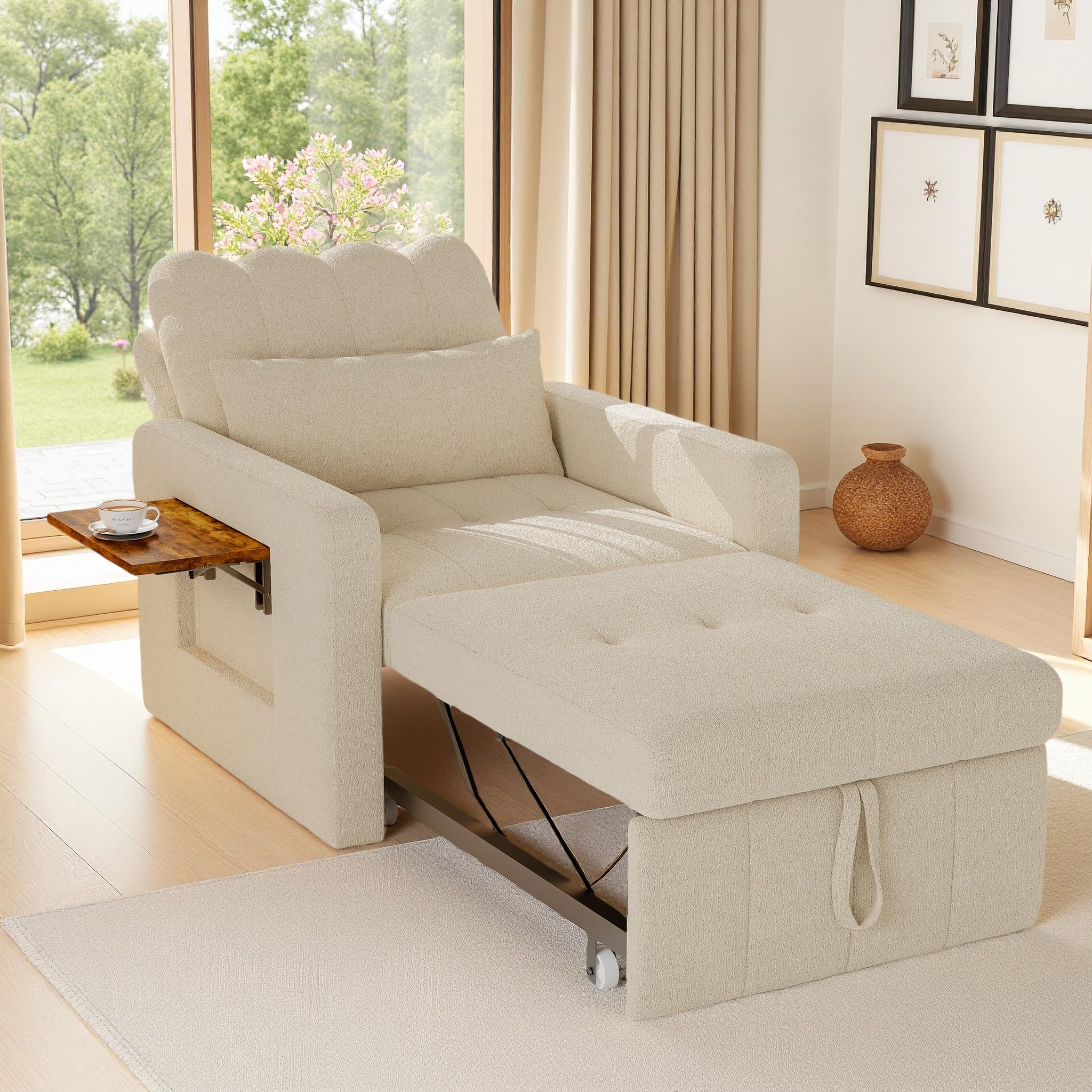 Divano-letto convertibile e reclinabile, con schienale a 5 posizioni, divano pieghevole con cuscini e cuscino laterale, ideale per camere degli ospiti e smals in ciniglia (Bei)