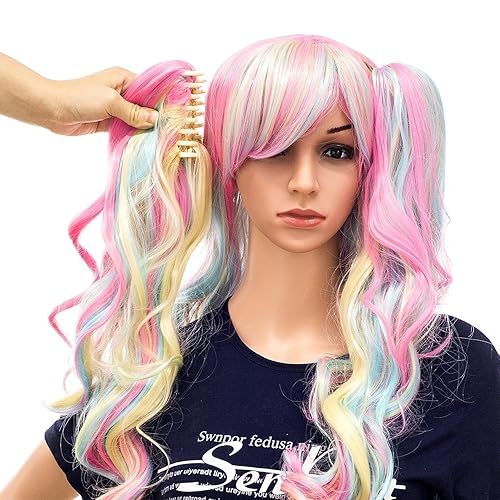 Miniatura 3 de SWACC Peluca larga y rizada de doble garra con clip en cola de caballo sintética pastel colorida para cosplay, peluca para fiesta diaria para