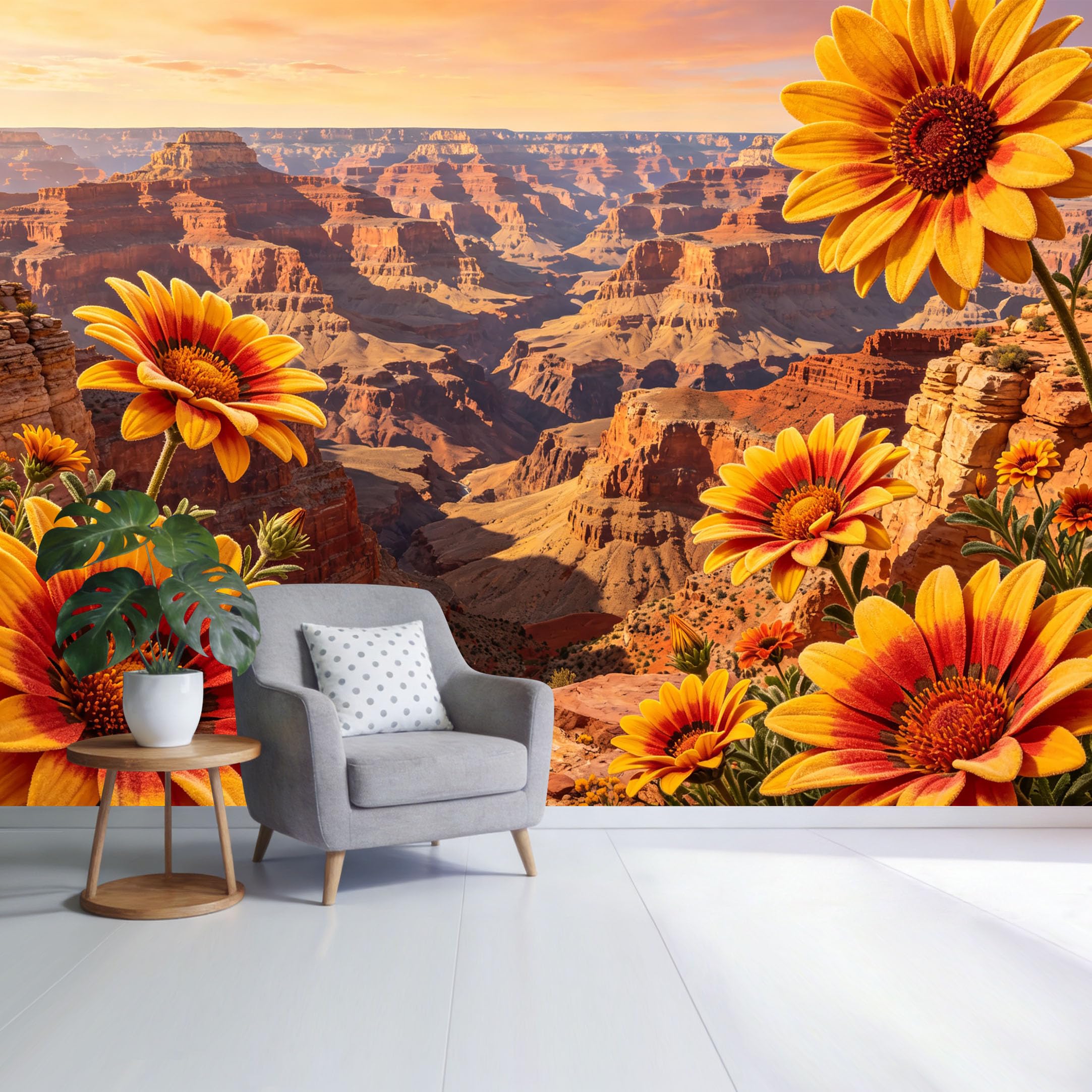 Custom Size Wall Mural Canyon Landscape Sunset View with Vibrant Orange Yellow Flowers Nature Scenery SelfAdhesive Wall Fabric Removable Wallpaper for Home Office Decor