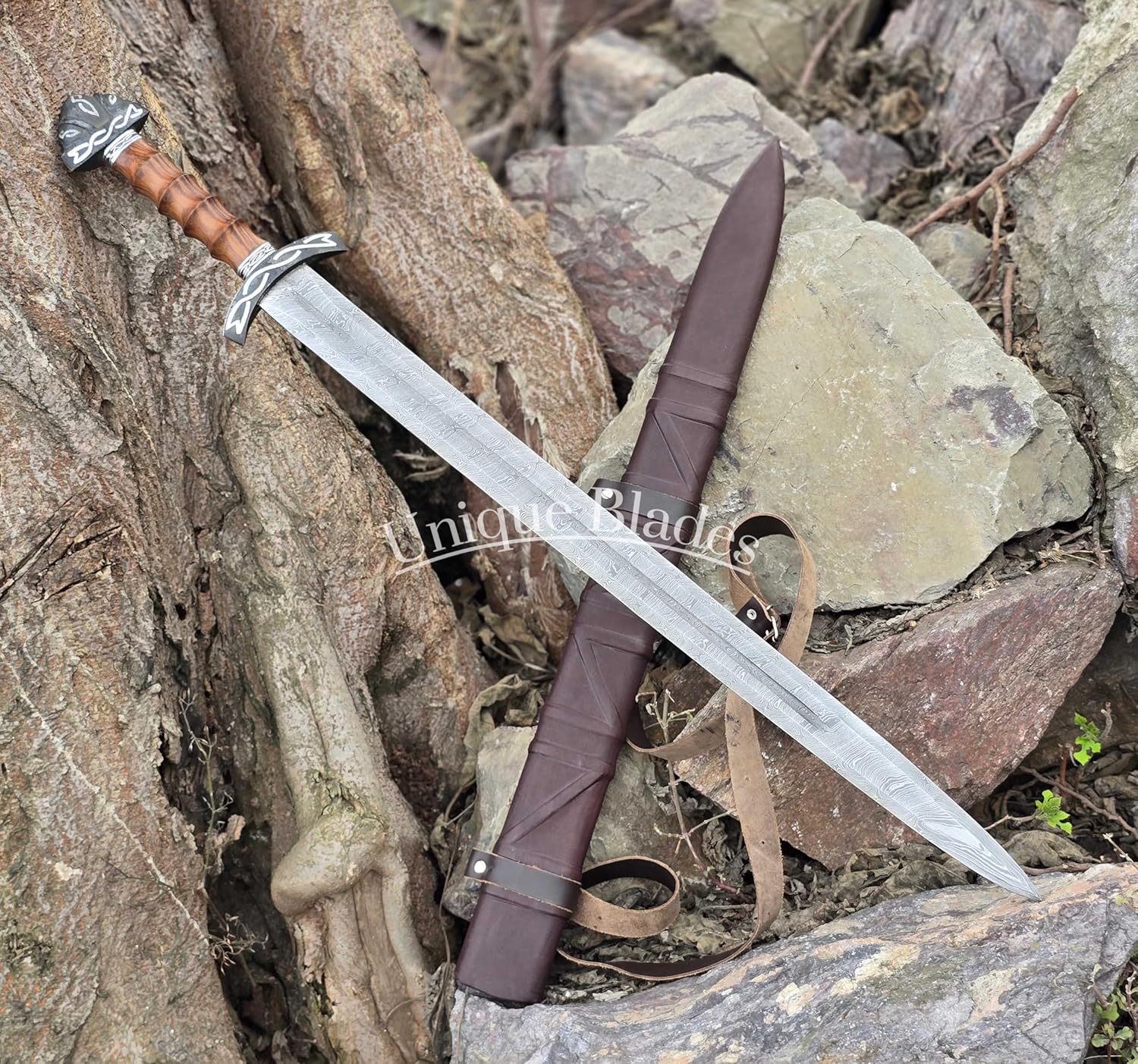 Viking Sword 40" Damascus Steel Double Flute Wood Zinc Handle Sheath Medieval Collection