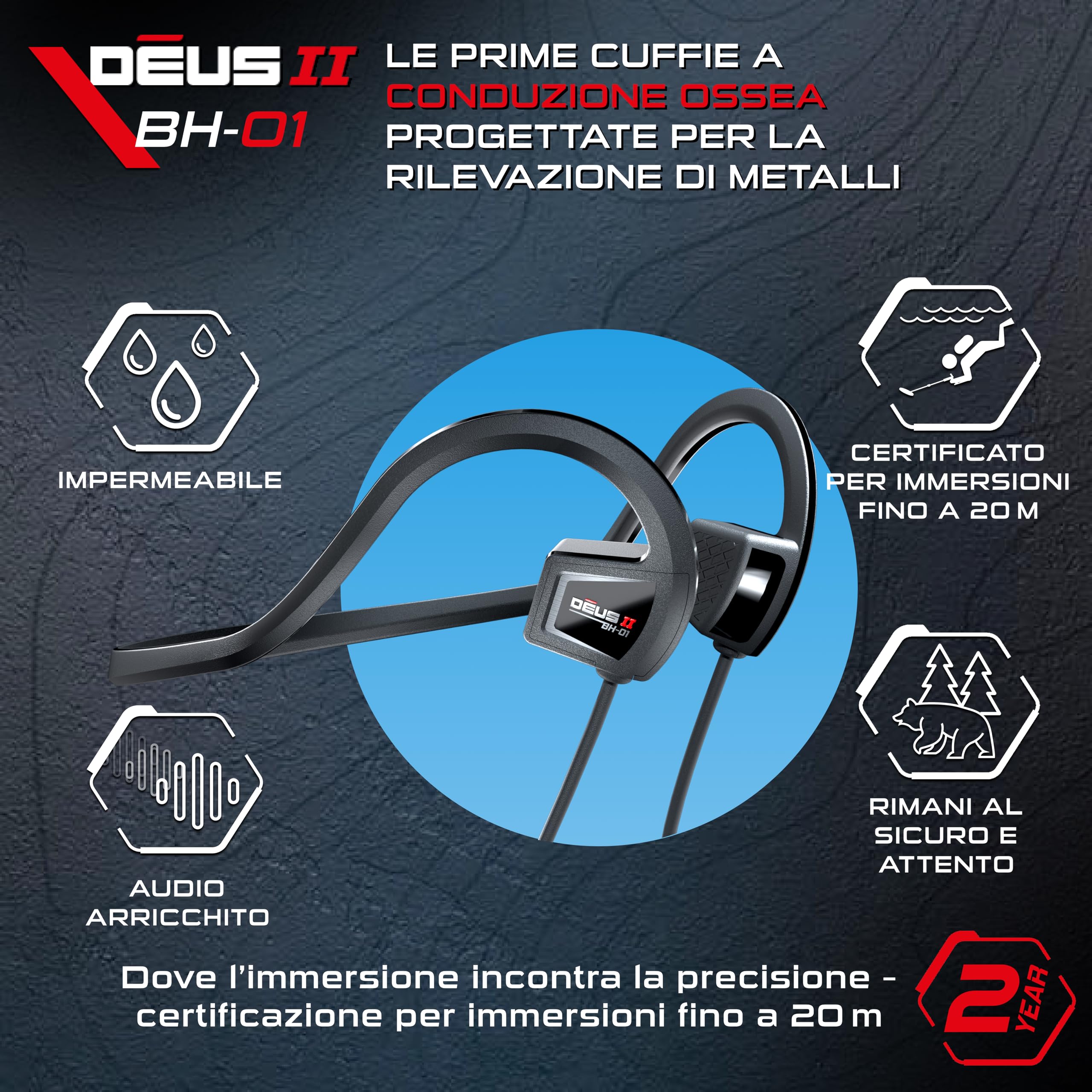 XP METAL DETECTORS BH-01 cuffia a conduzione ossea con cavo per metal detector XP Deus II - Impermeabili per la ricerca subacquea fino a 20 m - Certificazione IP-68