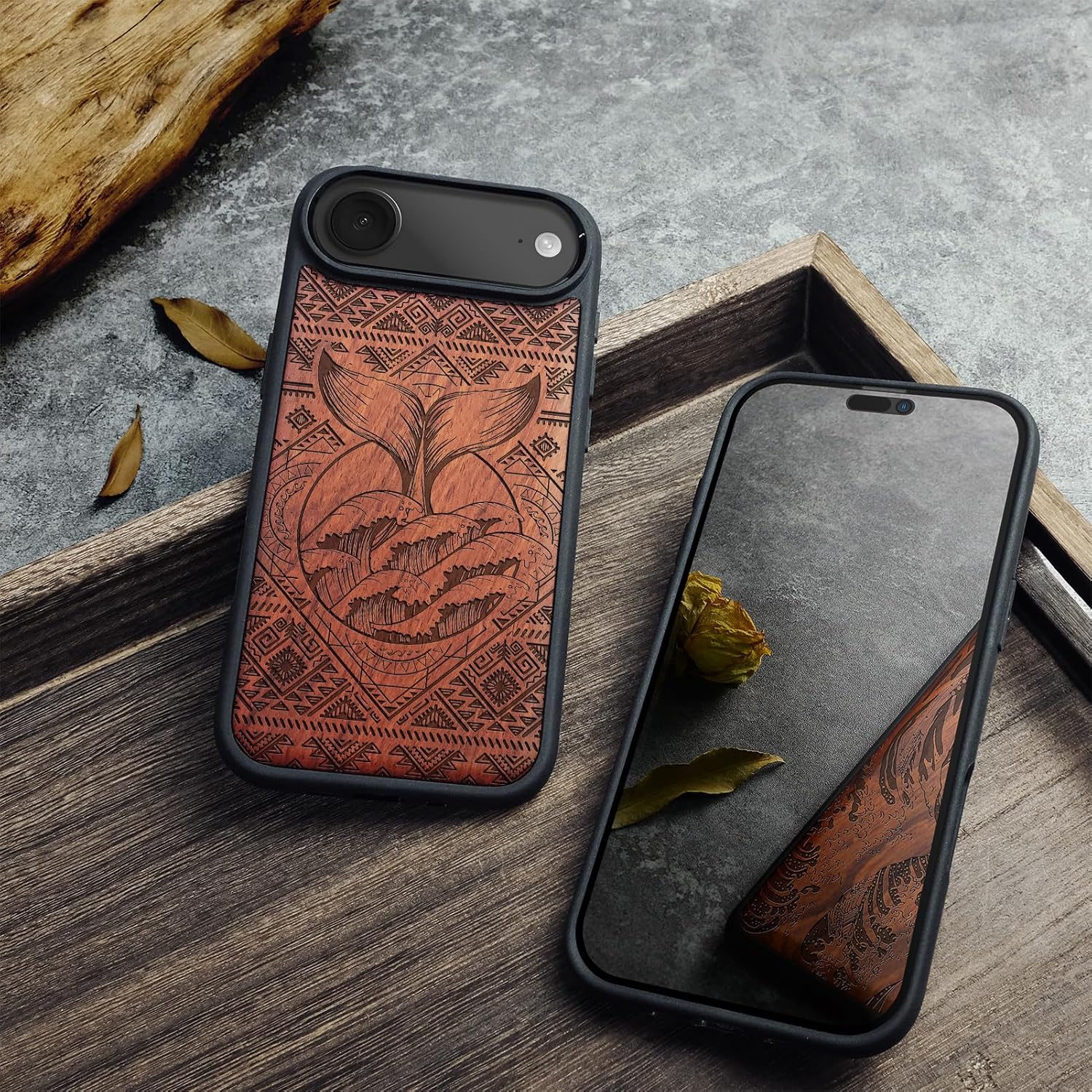 Carveit Magnetic Wooden Case for iPhone Air Case, Wood Artisan Engraved & Soft TPU Shockproof Cover, Compatible with MagSafe 17 Air Wireless Chargers (Whale Tail in The Waves) Rosy