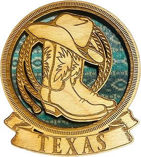 Texas Wooden Magnet, Boots, Cowboy Hat, and Lasso Engraved, Rustic Fridge Decoration, 3.25 by 2.75 in