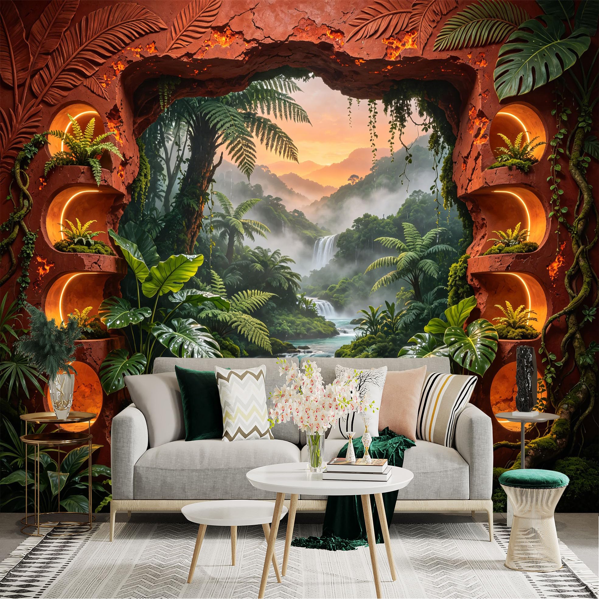 Custom Size Wall Sticker Mural， Tropical Jungle Waterfalls with Lush Green Plants and Sunset View， for wall Decoration， peelandstick wall Decals.