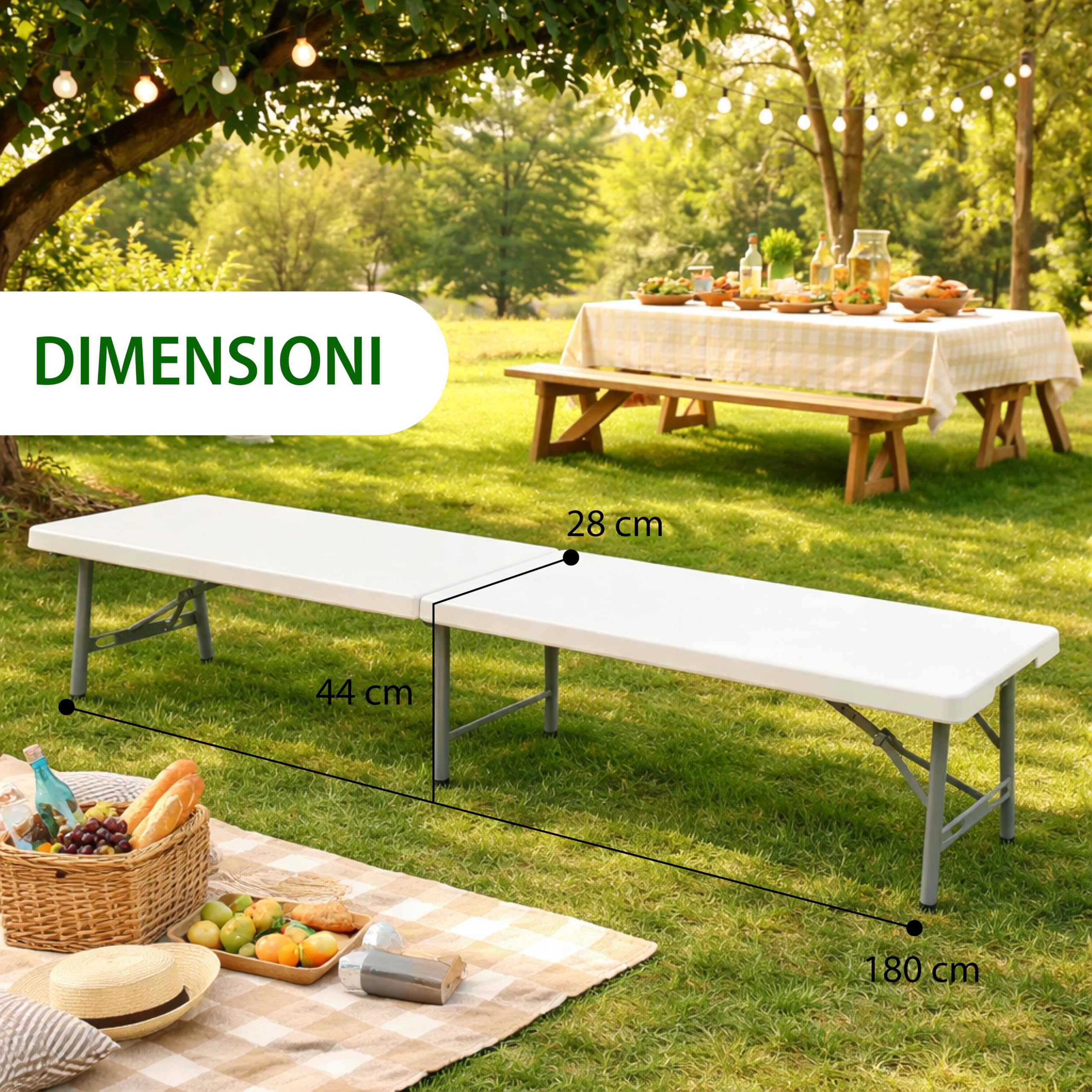Panchina Pieghevole a Valigetta con Maniglia - Panca per Buffet, Giardino, Campeggio, Feste, Catering, Sagre, Bar, Mercato- Tavolo da Camping Salvaspazio Bianco 180x28x44h cm