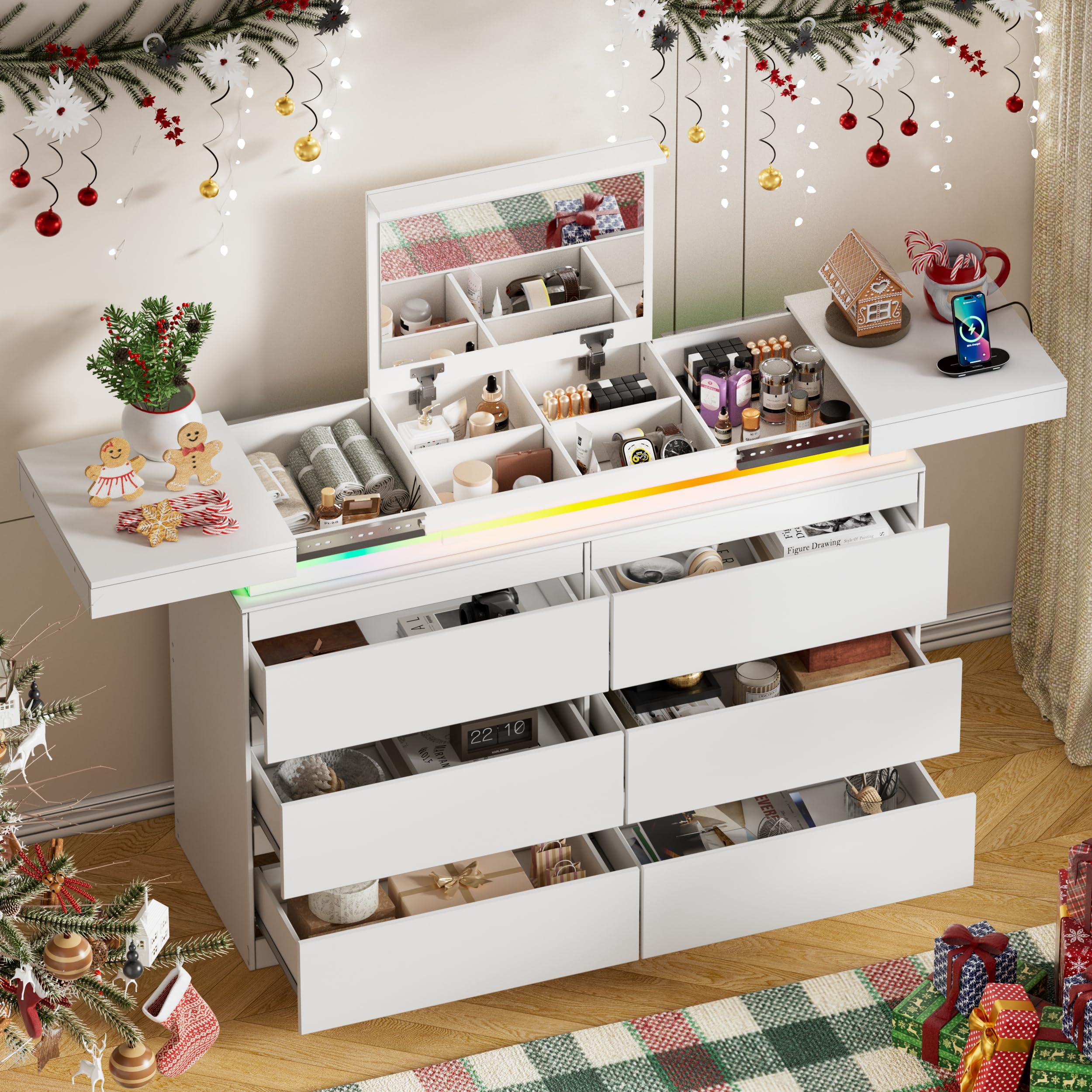 PakaLife 6 Drawer Dresser with Plip Top Mirror, Modern Dresser with Sliding Desktop, Wide Chest of Drawers with Charging Station & LED Lights for Bedroom
