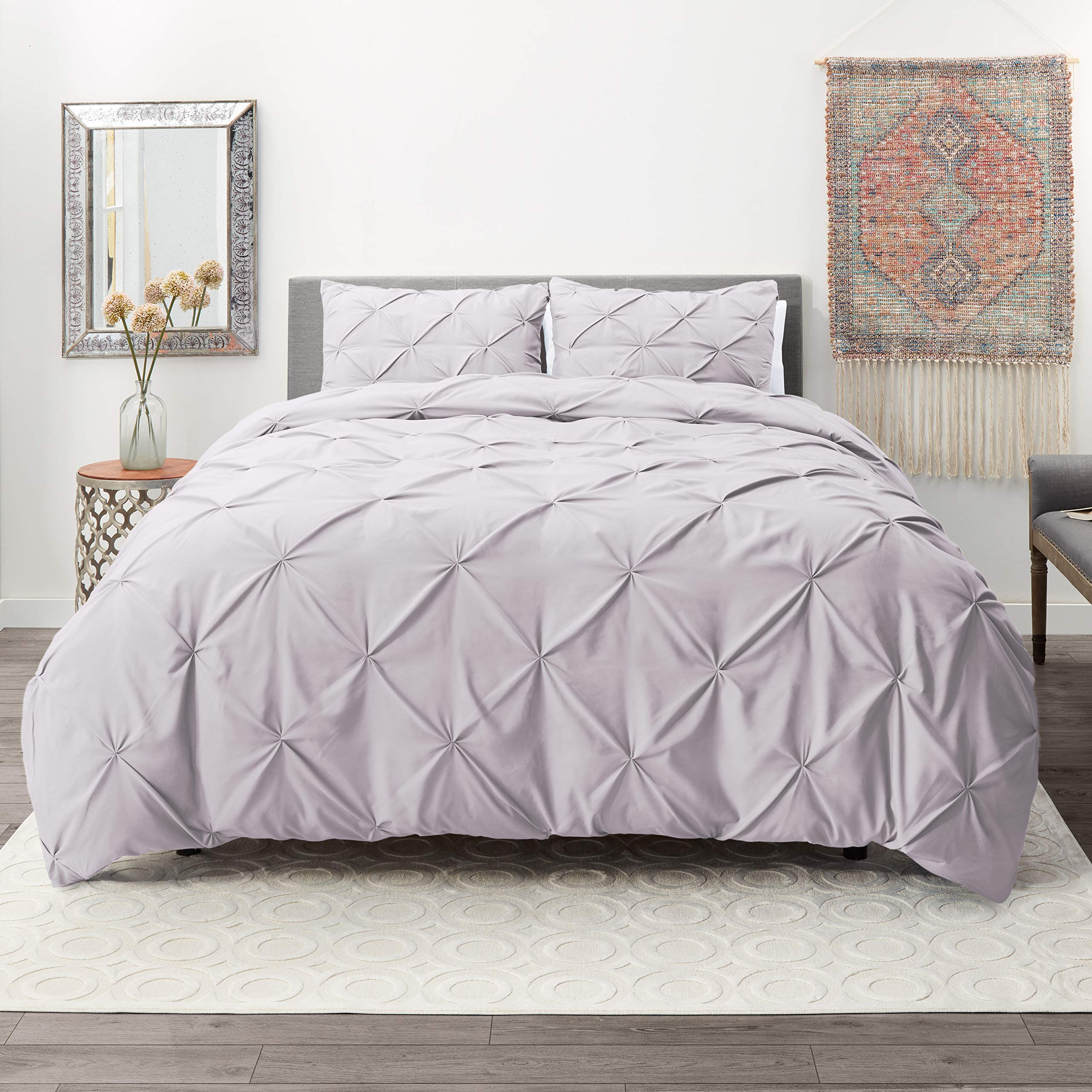 Splitsvilla Pinch Pleated 3 Piece Duvet Cover Set 100% Egyptian Cotton 800 Thread Count with Zipper & Corner Ties Tuffed Pattern Decorative (Pinch Light Gray Lavender,Twin/TwinXL (3 Piece))