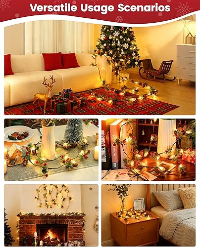 Miniatura 5 de Guirnalda de Navidad con luces, cadena de piñas de 7 pies con bayas rojas, agujas, 20 luces LED C6 de Navidad, funciona con pilas, guirnalda