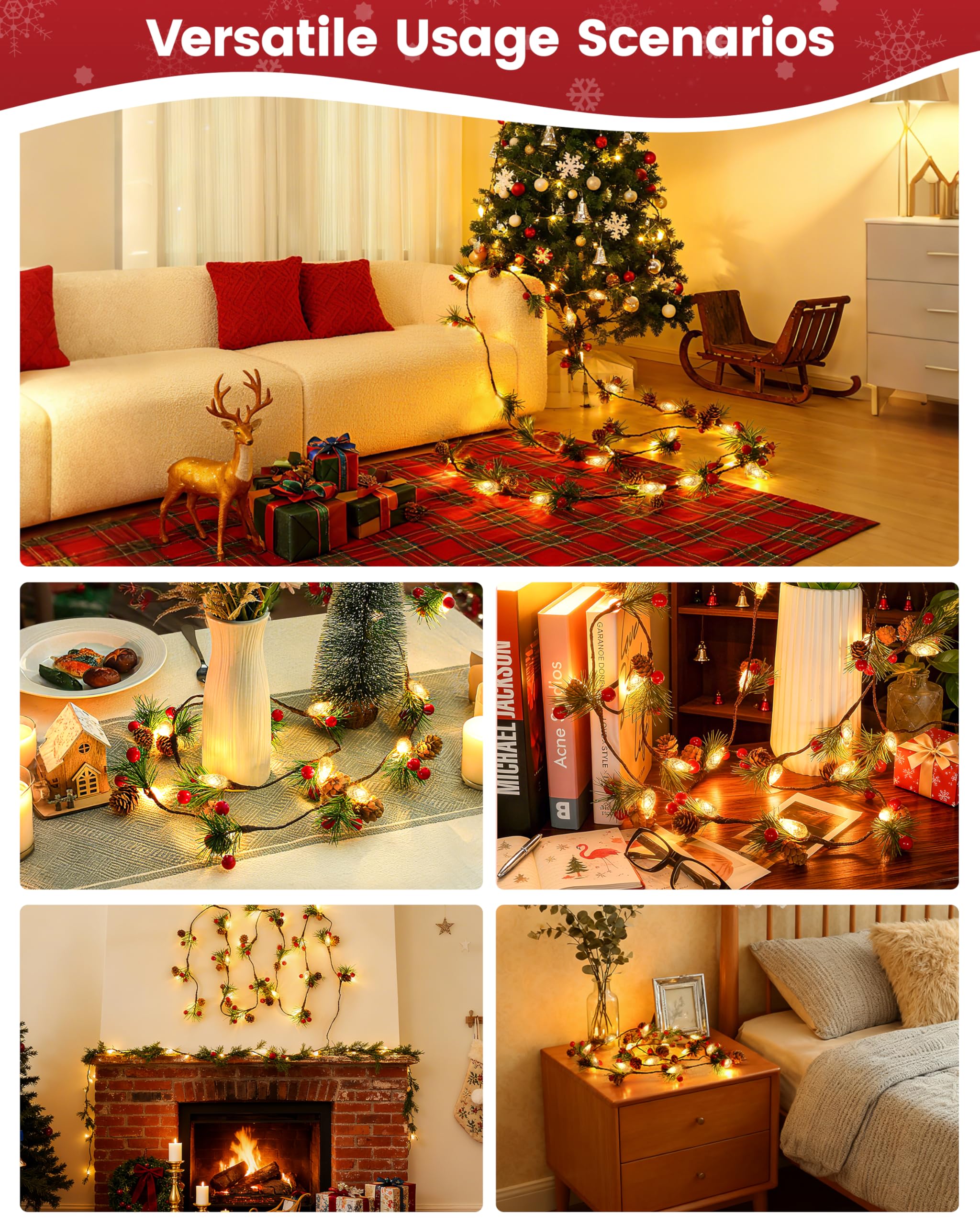 Weihnachtsgirlande mit Lichtern, 2,1 m Tannenzapfen, Weihnachtslichterkette mit roten Beeren, Nadeln, 40 LEDs, C6, batteriebetrieben, Prelit-Girlande für Weihnachtsdekoration drinnen und draußen, 2