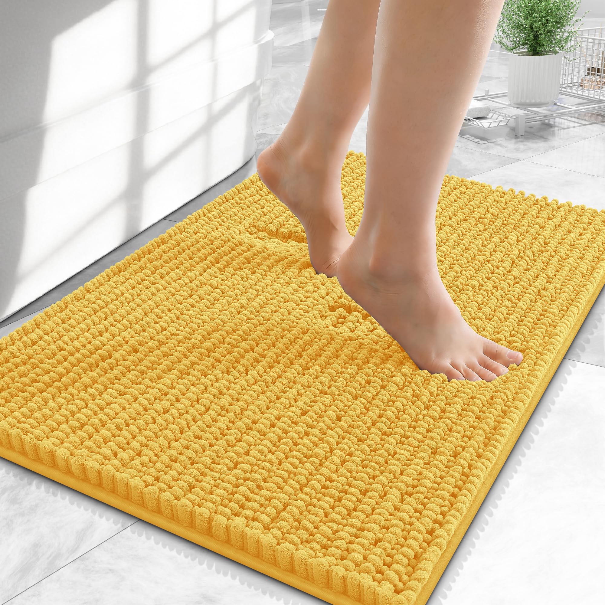 OLANLY Thick Chenille Small Bathroom Rugs 24x16, Absorbent Bath Mat, Yellow