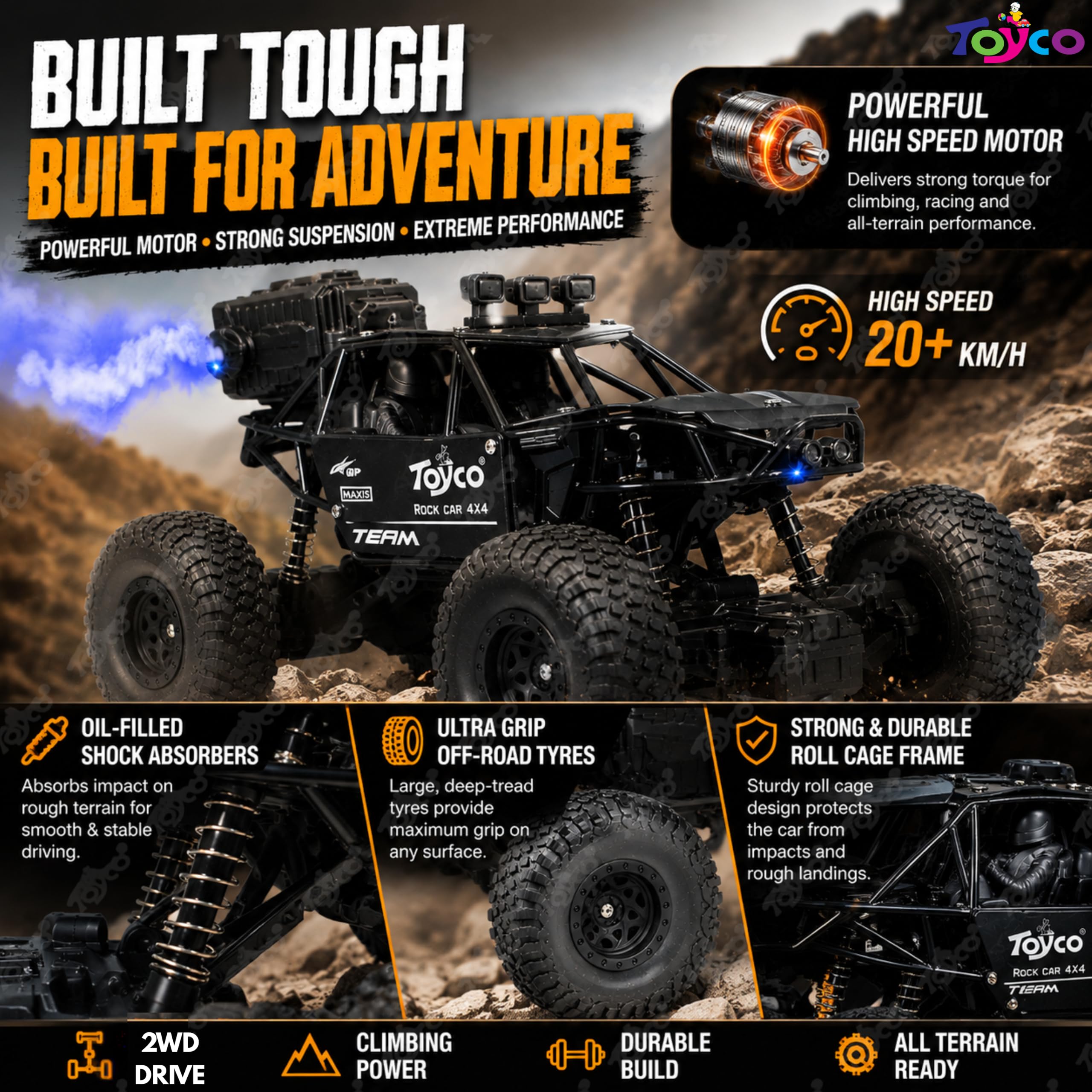 toyco® Rechargeable Remote Control Car Toy - Alloy Rock Crawler with LED Smoke Effect and Anti-Slip Tyres| 1:18 Scale | Off-Road RC 2WD Monster Truck Gift for Kids Boys and Girls Age 4-12+ (Black) — Amazon image 5