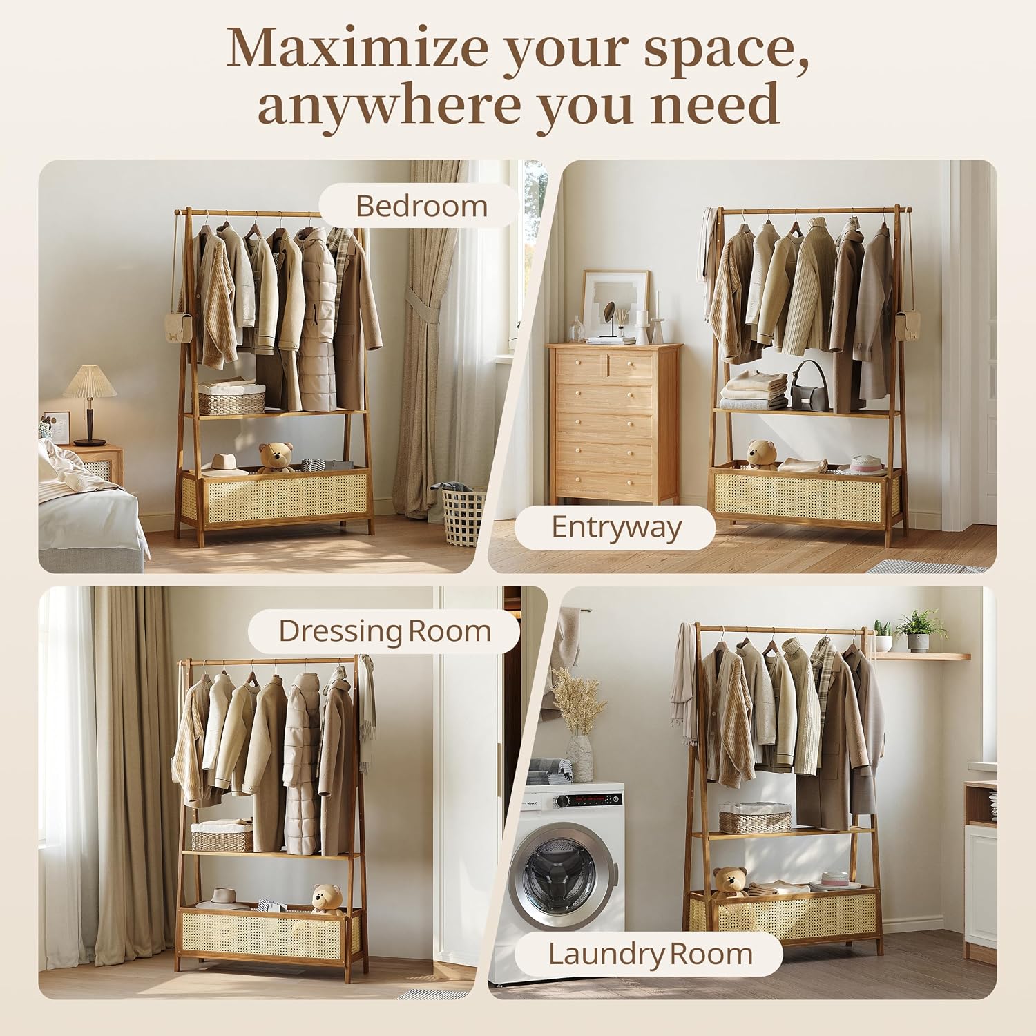 36" Bamboo Garment Rack, 4-in-1 Heavy-Duty Clothes Rack Stationary | with Extra-Deep Storage Basket, Stable Coat Tree Organizer for Bedroom, Entryway