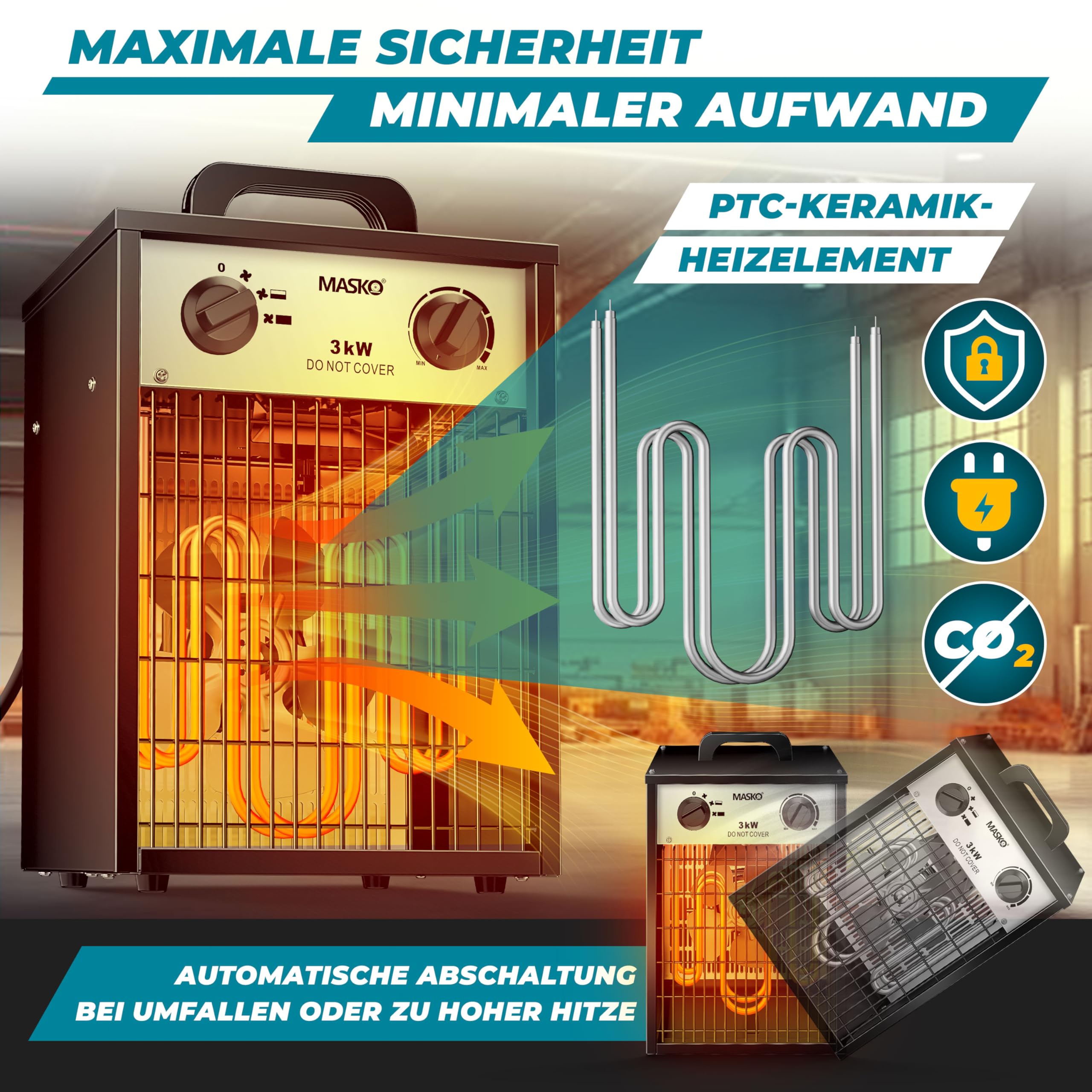 MASKO Bouwkachel 3kW - Ventilatorkachel Voor Binnen  En Buiten Elektrische Kachel Keramische Werkplaatskachel Electrische Verwarming 3000 Watt   Wit 1078553854