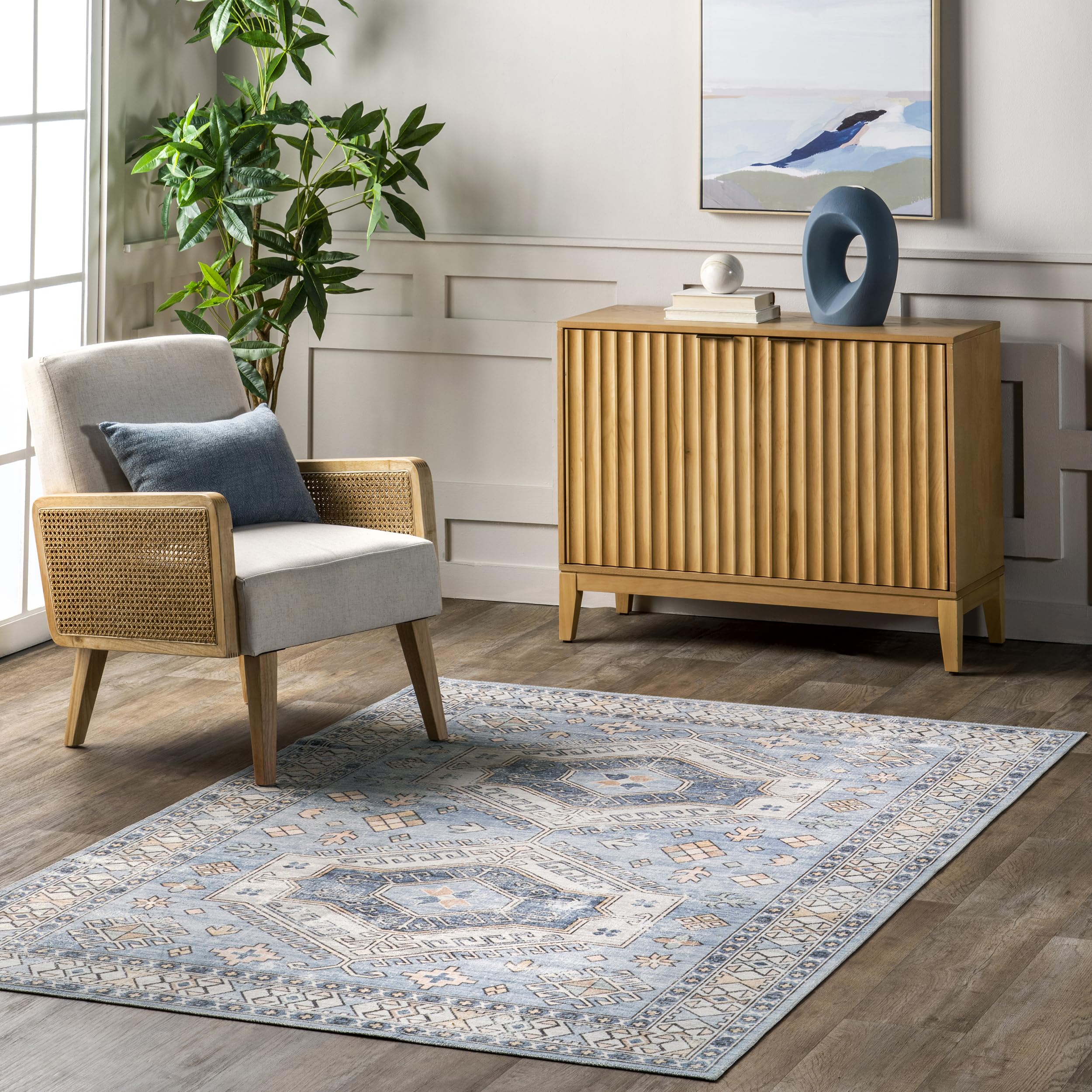 Tapis tribal lavable nuLOOM Mae bleu clair 120x180 cm pour un entretien sans effort