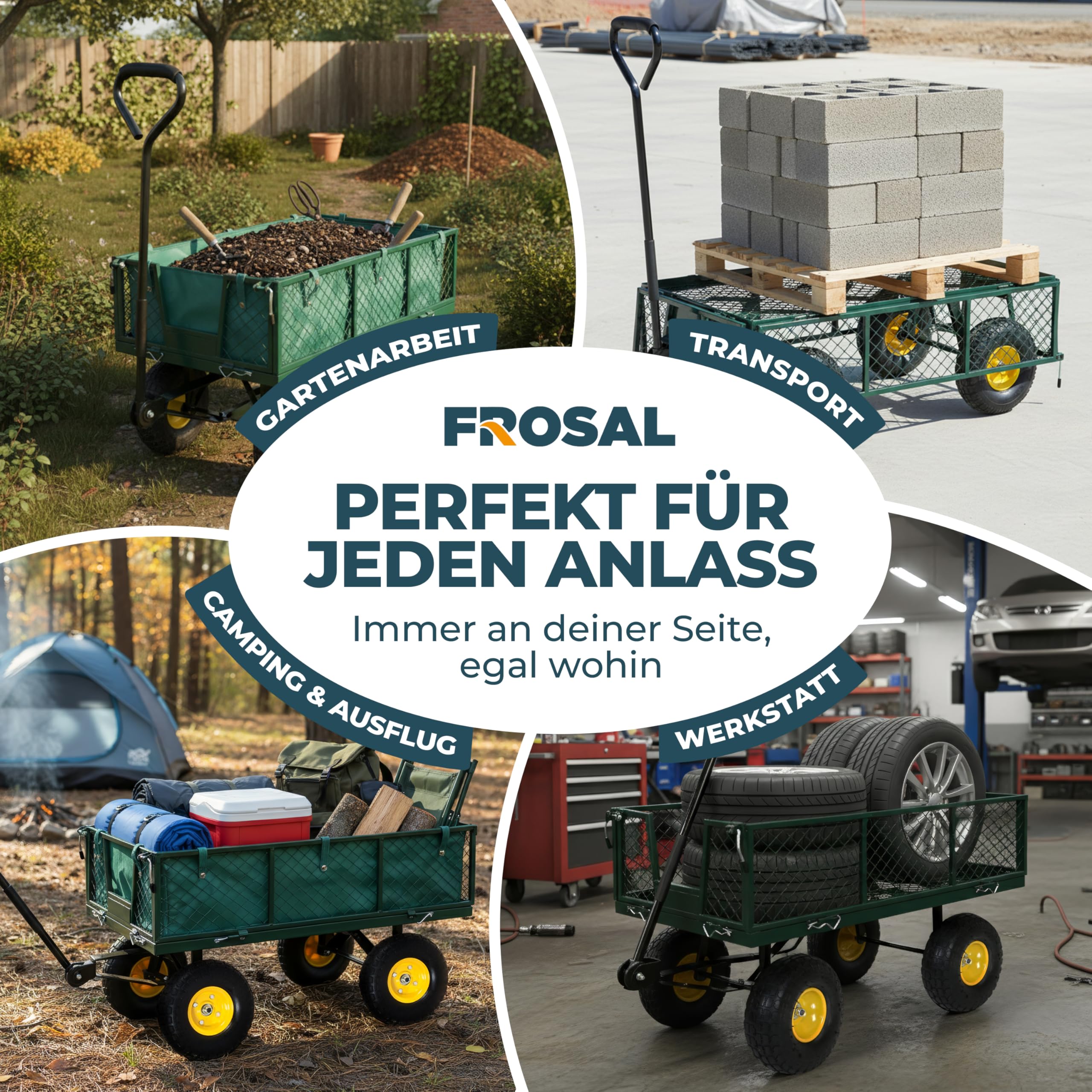 FROSAL Transportwagen Phil mit PU-Rädern – Gartenwagen mit klappbaren Seitenwänden – Eigengewicht 19,5 kg – bis 350 kg Tragkraft – Maße 96,5×50,5×56,5 cm – Ø 26 cm Räder – Stahlrahmen mit Innenplane