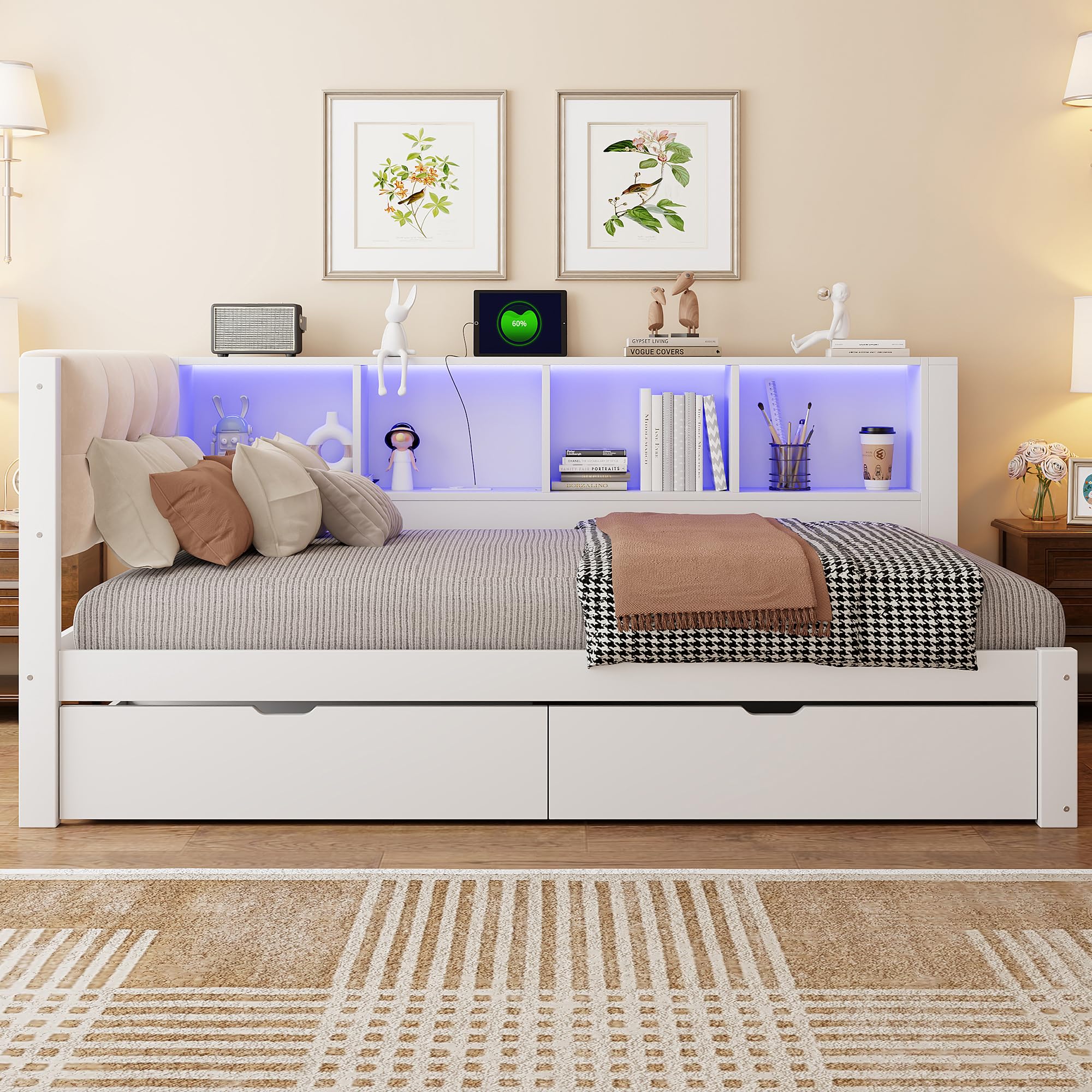 Schlafsofa 90 x 200 cm mit Schubladen, Tagesbett mit Dimmbarer LED-Leiste und USB-Anschluss, Praktischem Regal, Kiefernholz, Weiß (Ohne Matratze)