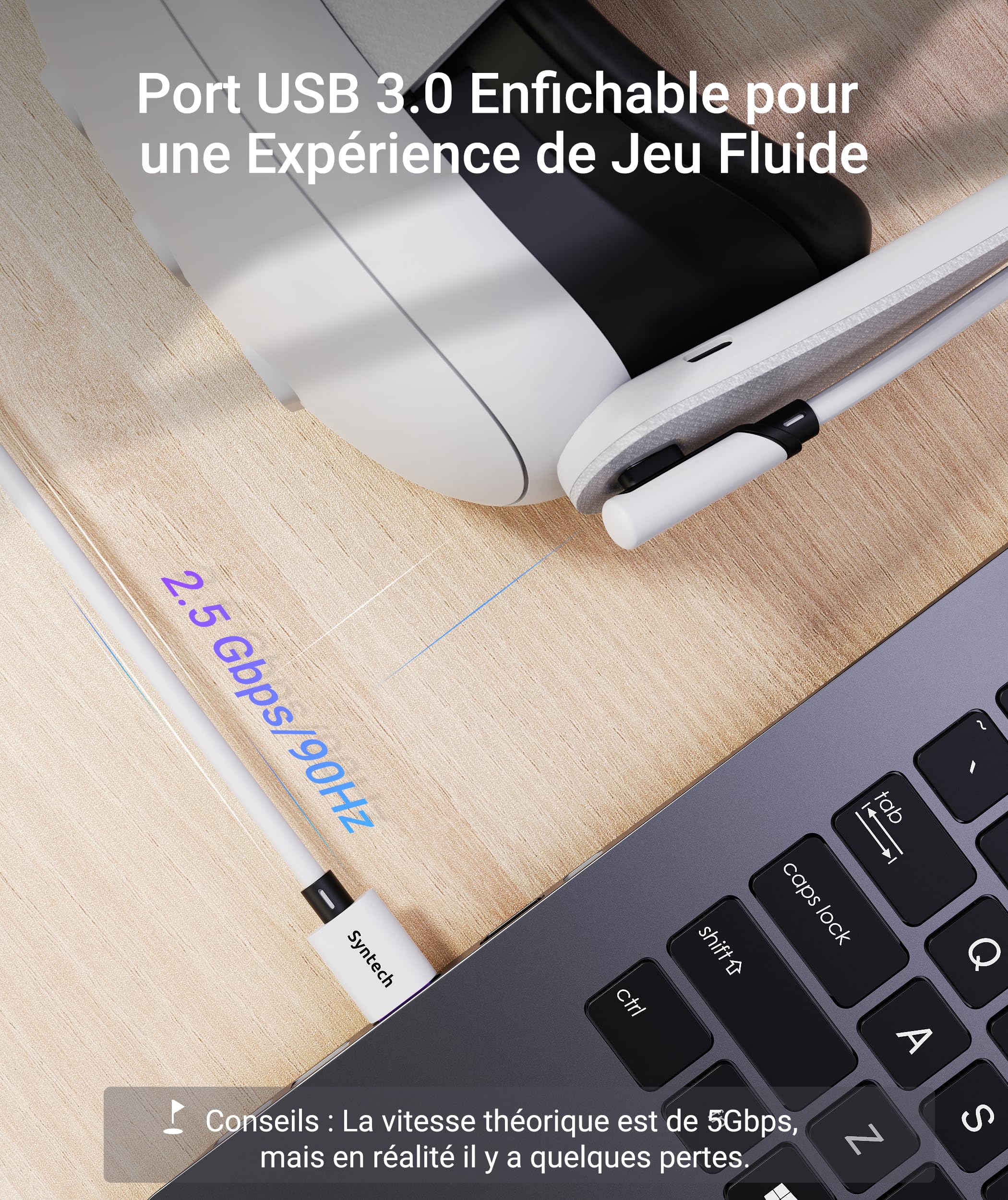 Syntech VR Câble Link de Charge 5M Compatible avec Meta Quest 3S/Quest 3/Oculus Quest2 Accessoire, Câble Link USB 3.0 avec Port de Charge Supplémentaire, pour PC/SteamVR et Jeux Prolongés