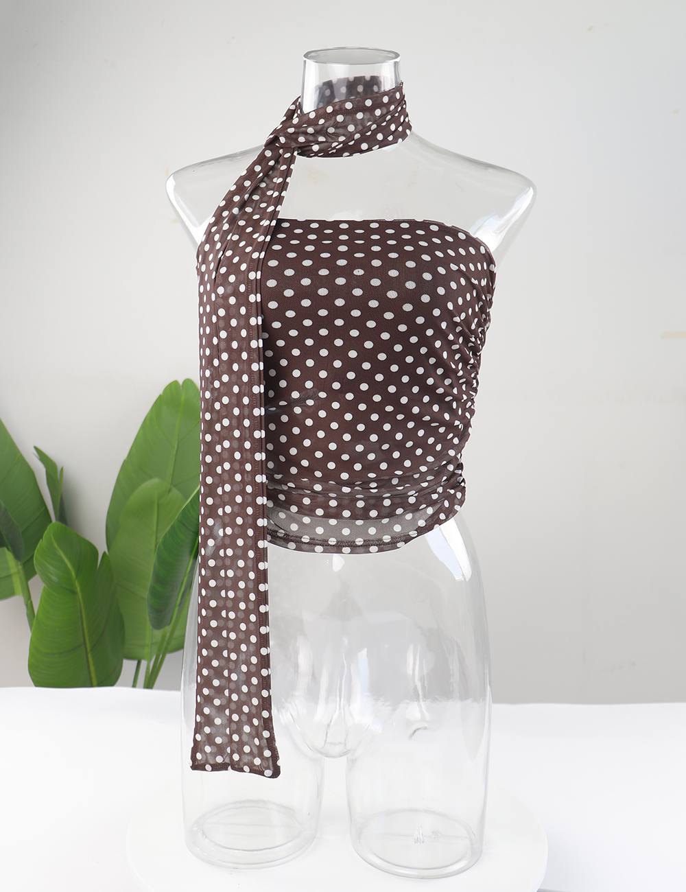 AKLOPVII Women Y2K Polka Dot Mesh Ruched Bandeau Tube Top with