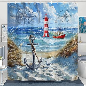 Nautical Beach Shower Curtains for Bathroom, Lighthouse Ocean Coastal Shower Curtain, Anchor Compass Sailboat Beach Theme Waterproof Fabric Bathroom Curtain with Hooks,70X70IN Blue