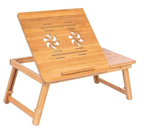 bi3 Portable Bamboo Wooden Laptop Table For Multipurpose Use With Side Drawer Adjustable Shelf Space Table Stand Tray With Storage Drawer, 10 Centimeters, 61 Centimeters