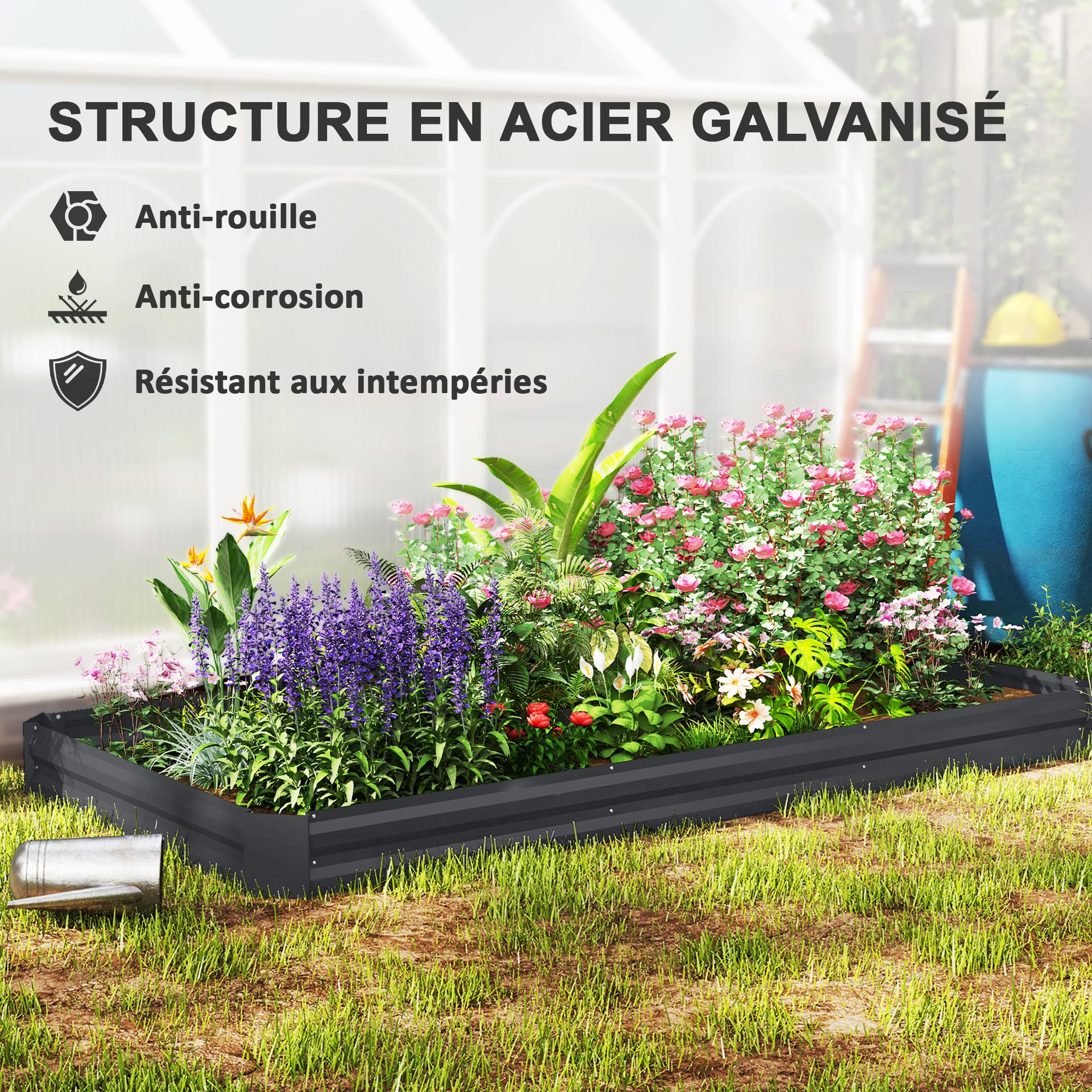 Outsunny Jardinière Extérieure Fond Ouvert 240 x 120 x 30 cm Gris Foncé | Carré Potager de Jardin Rectangulaire, Bordure de Sécurité, pour Fleurs, Herbes