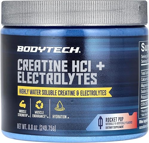 BODYTECH Creatina HCl + electrolitos en polvo, altamente soluble en agua y biodisponible, un Rocket Pop (8.8 onzas/75 porciones)