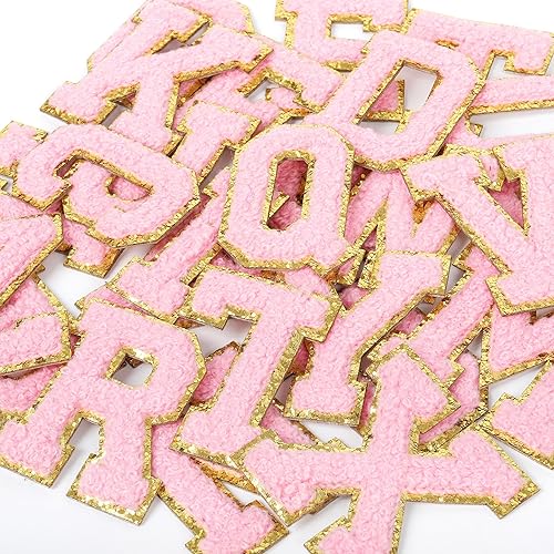 Miniatura 24 de Parches de letras autoadhesivas rosas: Parche bordado con apliques de letras universitarias de chenilla