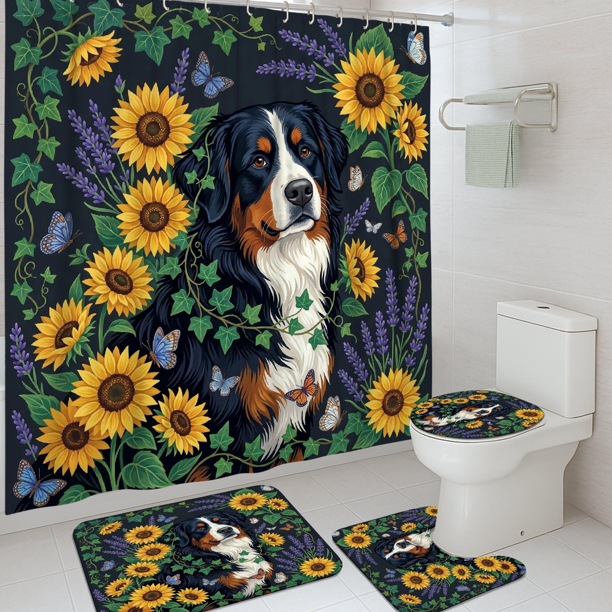 Rideau de douche chien avec tapis 183x183 cm en tissu imperméable jaune floral