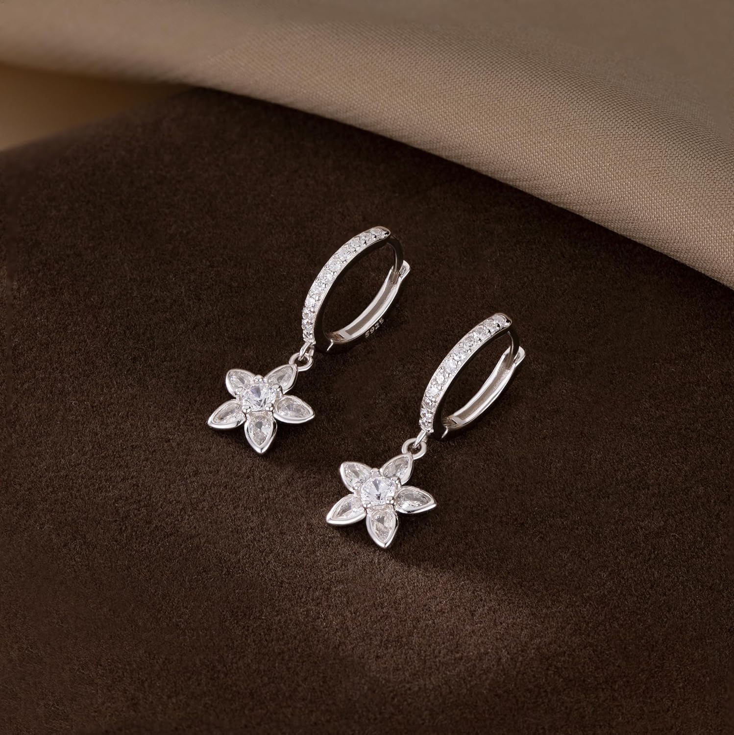 Reffeer Solid 925 Sterling Silver CZ Flower Earrings Dangle for Women Teen Girls Flower Drop Hoop Earrings Huggie