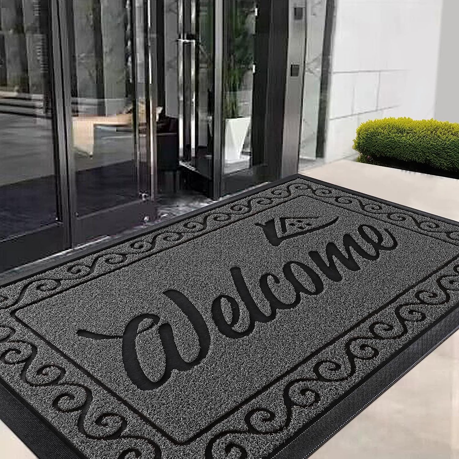 Yimobra Paillasson Extérieur, 120 x 81 cm, antidérapant, résistant aux intempéries, lavable, paillasson de bienvenue pour porte d’entrée & entrée, Noir Gris