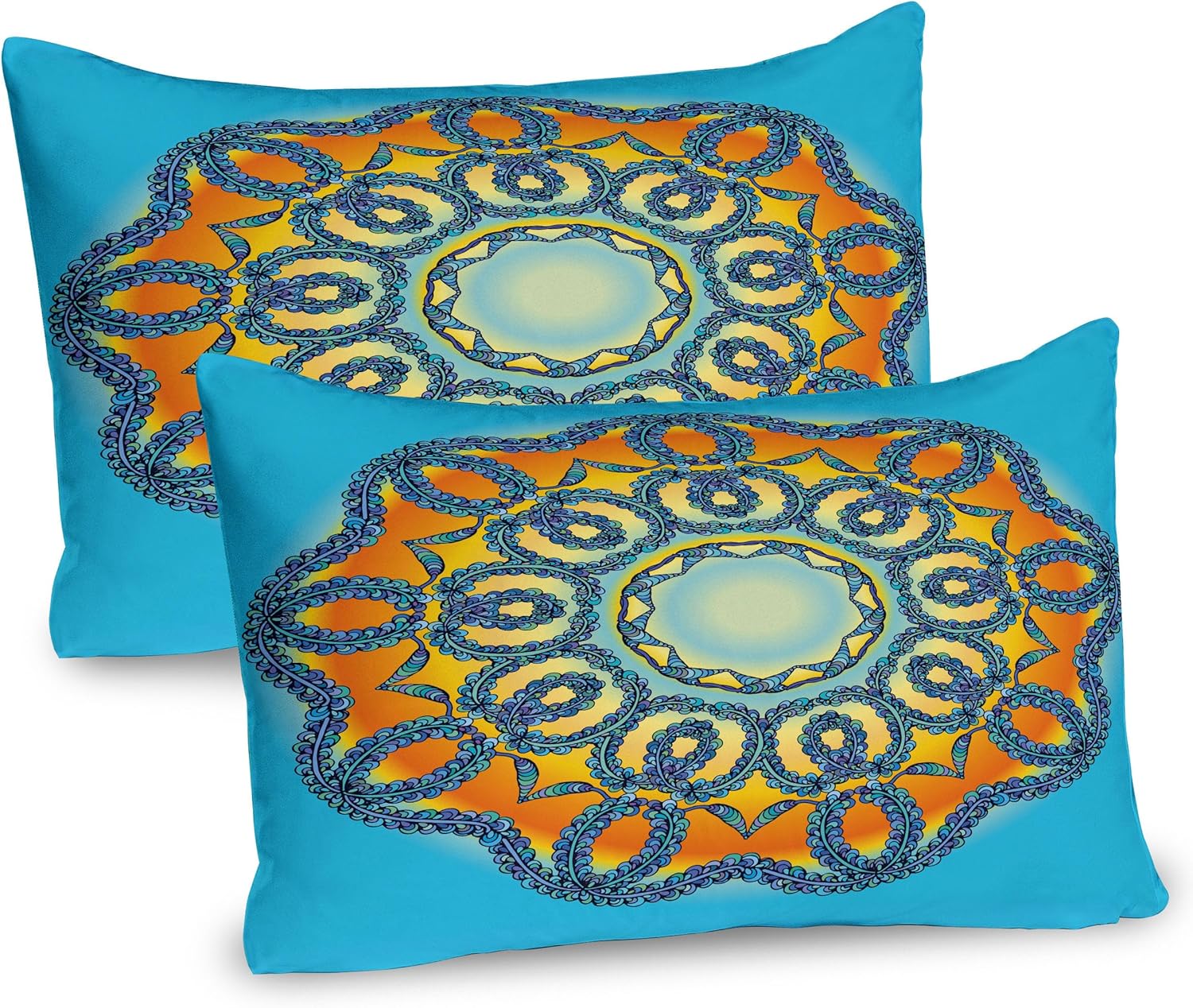Ambesonne Mandala Pillow Sham Set of 2, Oriental Details Traditional Mandala with Interlace Swirled Theme, Quality Microfiber Bedding Item for All Seasons, 30" x 20", Orange and Blue