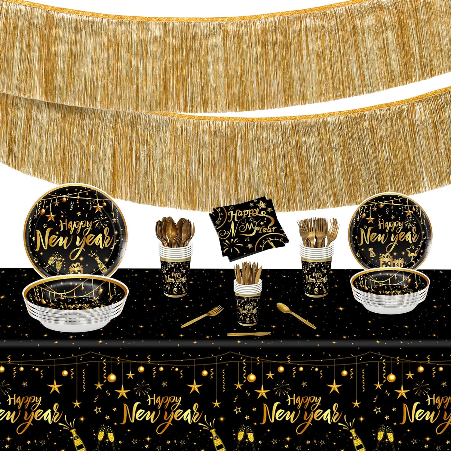 KatchOn, New Years Eve Tableware Set - Pack of 178, Serves 25 | New Years Plates and Napkins with Happy New Year Tablecloth | Champagne Gold Fringe Table Garland for New Years Eve Party Supplies 2025