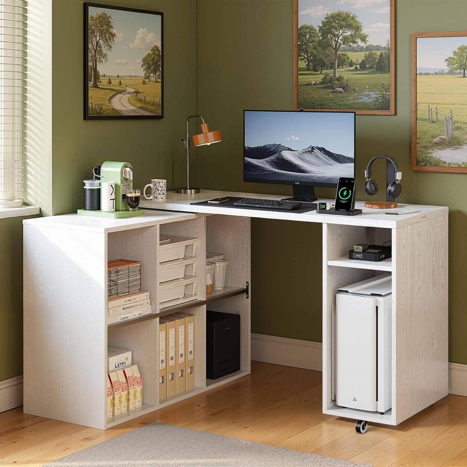 BLANKSPACE L-Shaped Computer Desk with 360°Swivel Desktop & 6 Open Shelves - Rotating Home Office Corner Desk with Power Outlets for Working and Study White Walnut