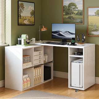 BLANKSPACE L-Shaped Rotating Computer Desk: 360° Swivel, 6 Open Shelves, Power Outlets - White Walnut Corner Desk for Home Office
