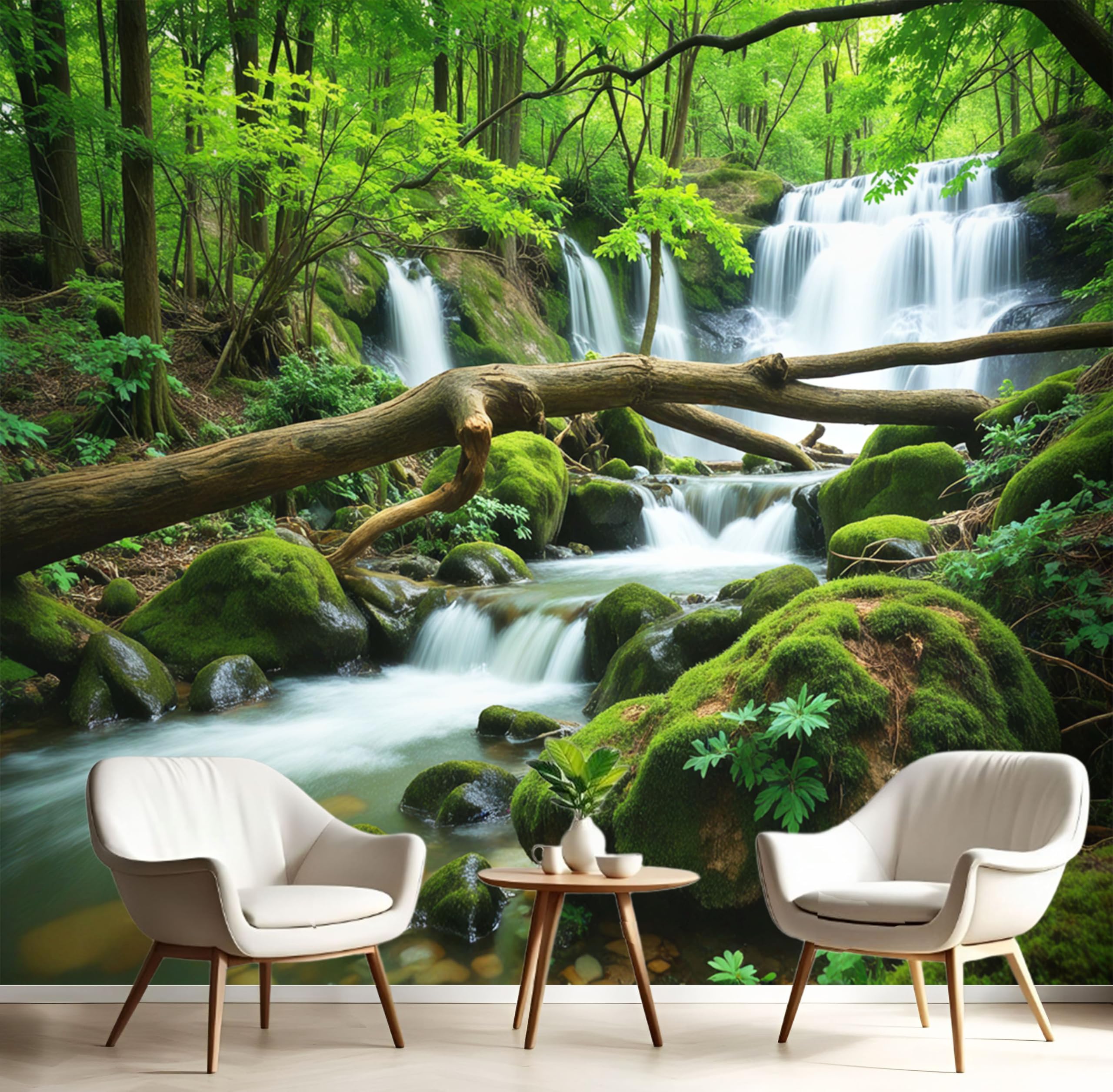 Papier peint motif rivière cascade grand paysage forestier vert émeraude