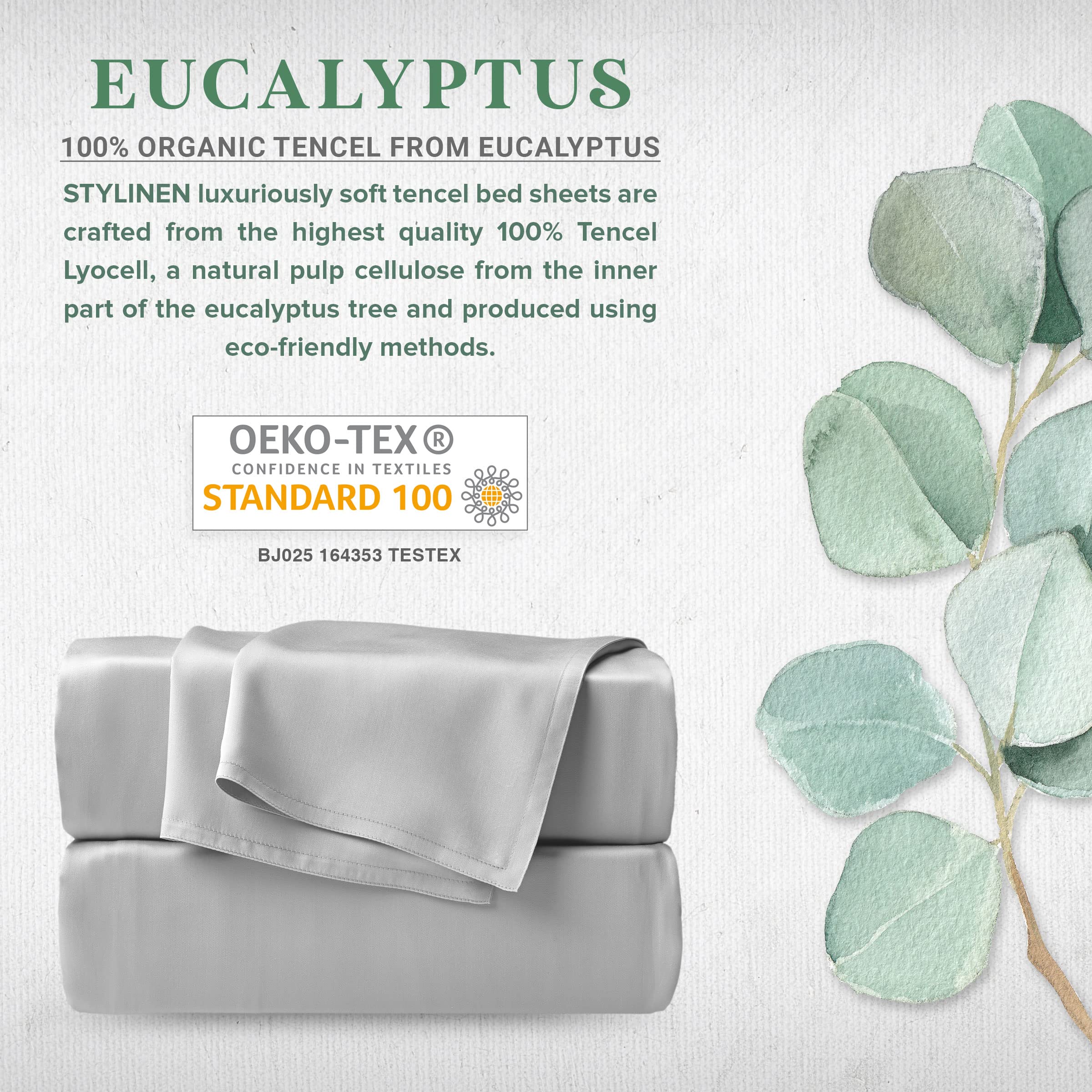 Stylinen 100% Organic Eucalyptus Bed Sheets King Size 4 Piece Set, Tencel Lyocell, Silky Soft & Smooth, Breathable, 16 Inch Deep Pockets, 1 Fitted, 1 Flat, 2 Pillowcases (King, Silver Pearl)