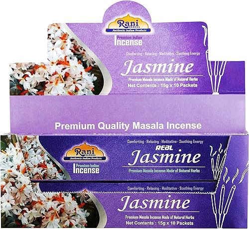 Incienso de jazmín Rani (incienso masala prémium hecho de hierbas naturales) 0.53 oz x 10 paquetes  Total de 100 varillas de incienso  para fines