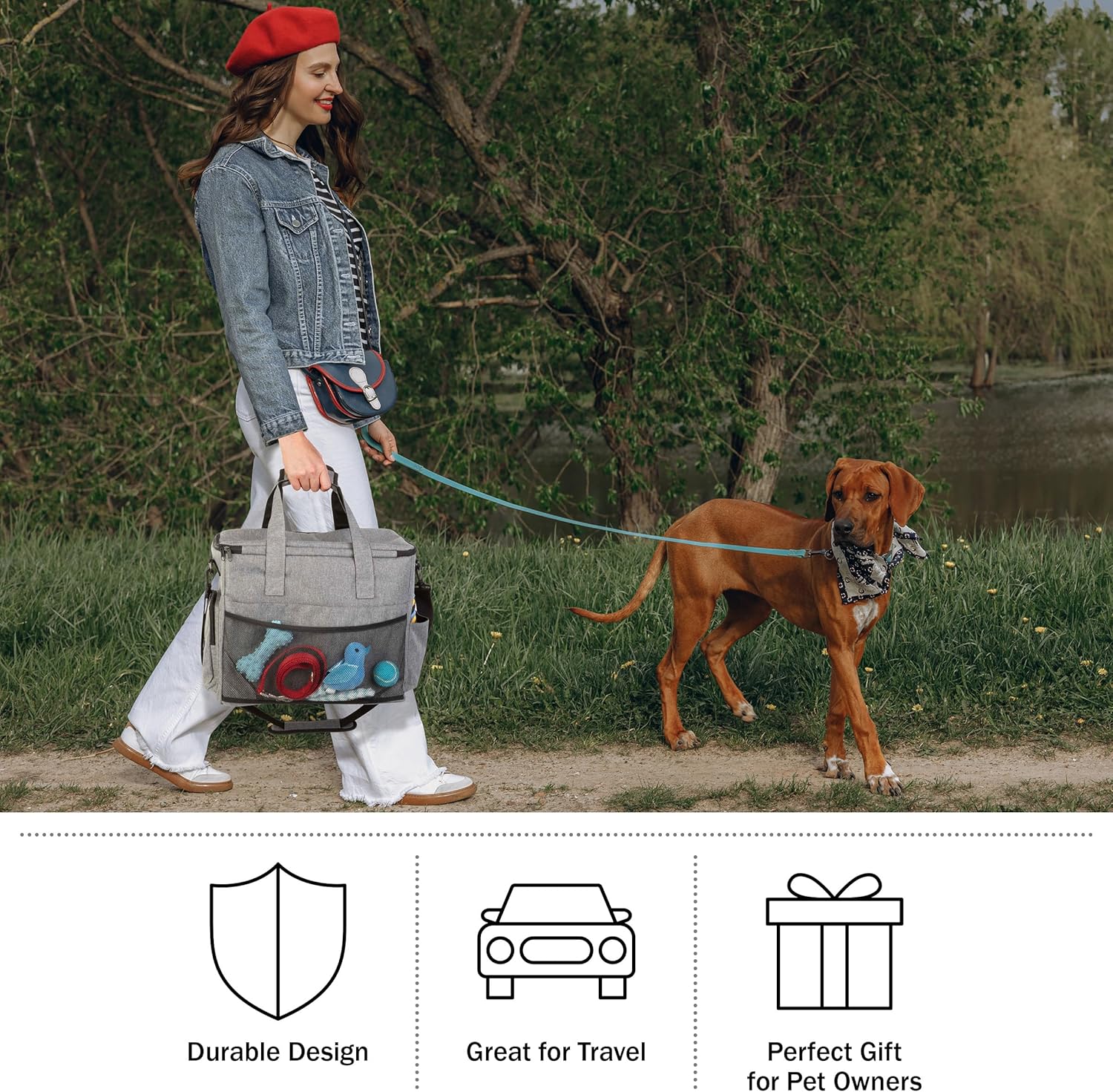 Dog Travel Bag - Cat and Dog Storage Organizer with Pockets, Mat, 2 Food Containers, and 2 Large Collapsible Travel Dog Bowls by PETMAKER (Gray)