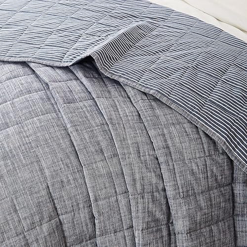 Miniatura 7 de Colchas de algodón tamaño Queen de color azul marino, juego de edredón de 3 piezas con rayas azules, manta acolchada ligera con 2 fundas de almohada