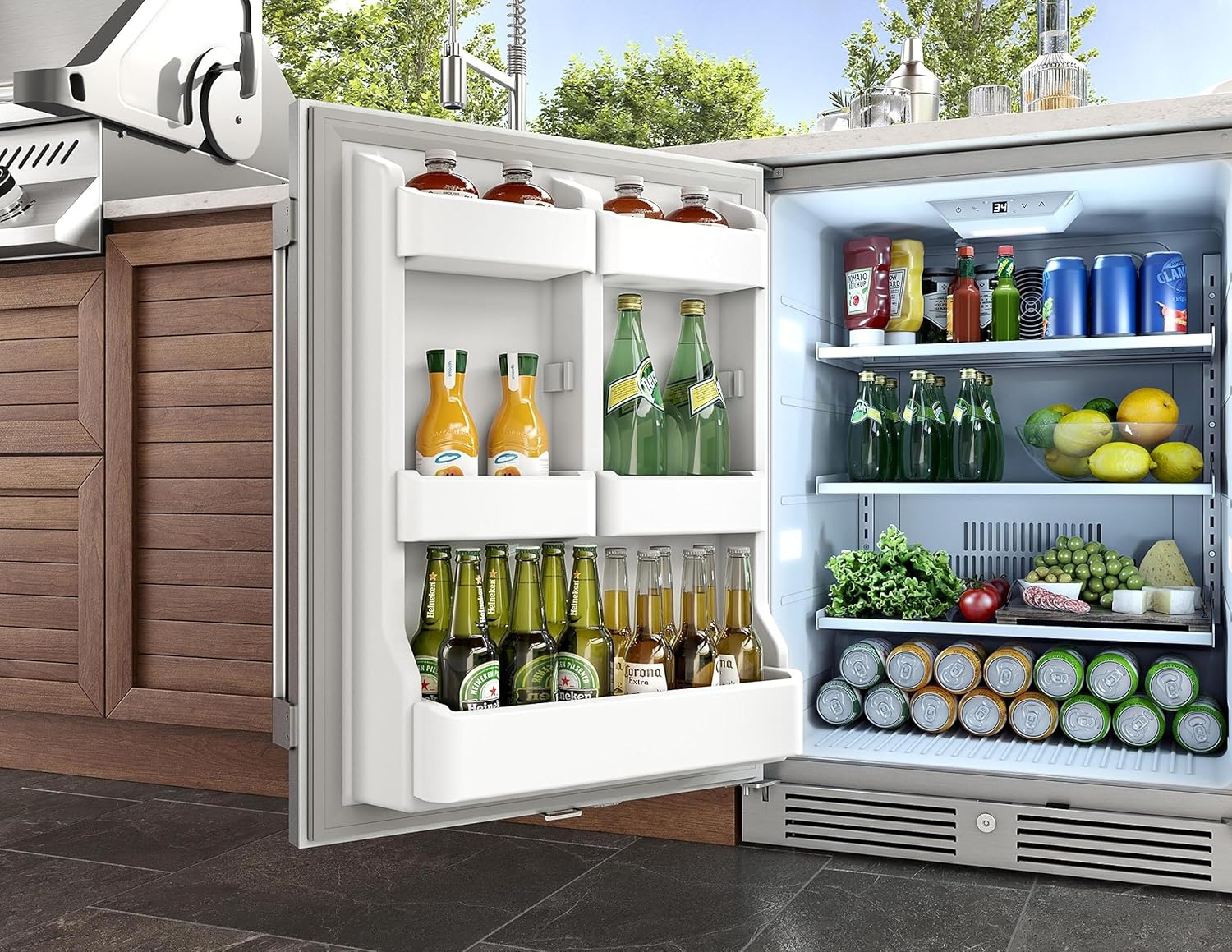 Open refrigerator door showing customizable in-door shelving for bottles and cans