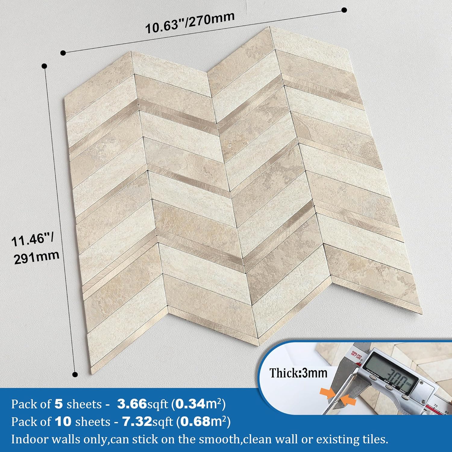 Stone Look Herringbone Peel and Stick Backsplash for Kitchen,Chevron Stick on Backsplash Mosaic Wall Tiles(Beige,10PCS)