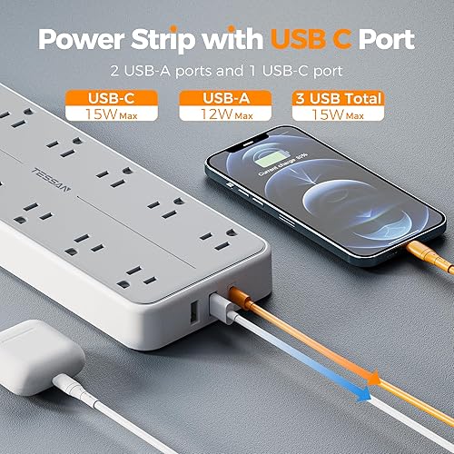 Miniatura 5 de TESSAN Regleta protectora de sobretensiones, cable de extensión con múltiples tomas, 12 salidas de CA, 3 puertos USB (1 USB C), enchufe de pared