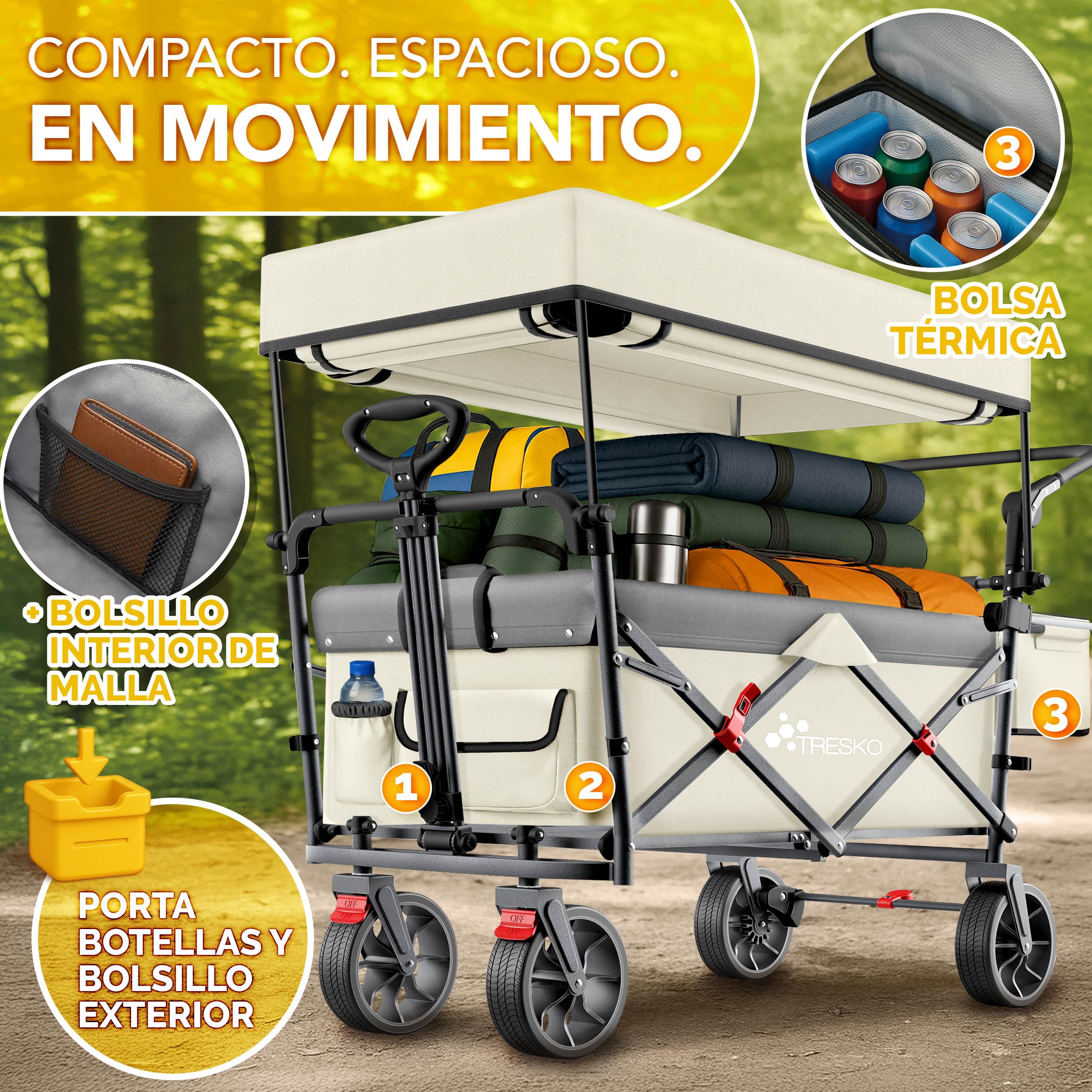 TRESKO® Carro Plegable con Techo, Compartimento de refrigeración y Ruedas Laterales, Carro de Mano máx. soporta hasta 150 kg, Carro de Transporte con neumáticos de Goma Maciza, Frenos