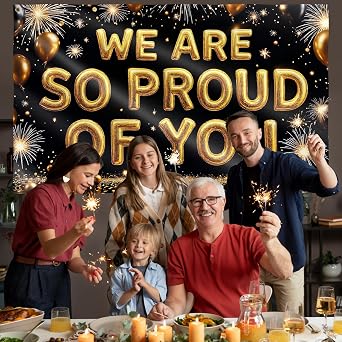We Are So Proud Of You Banner 5ft x 3ft Black and Gold Congratulations Decorations Well Done Happy Graduation for Prom