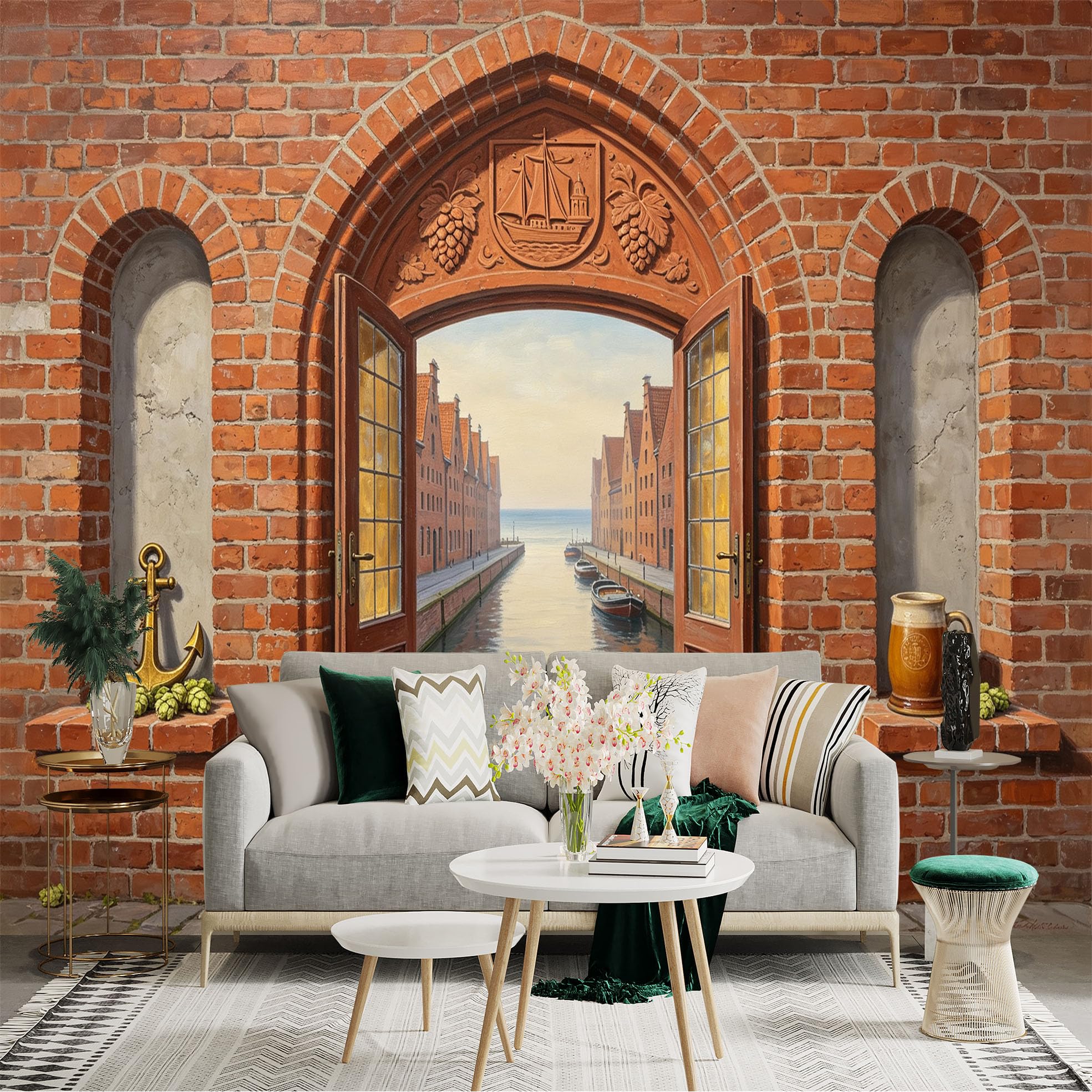 Custom Size Wall Sticker Mural， Brick Archway Canal Boats Harbor View， for wall Decoration， peelandstick wall Decals.