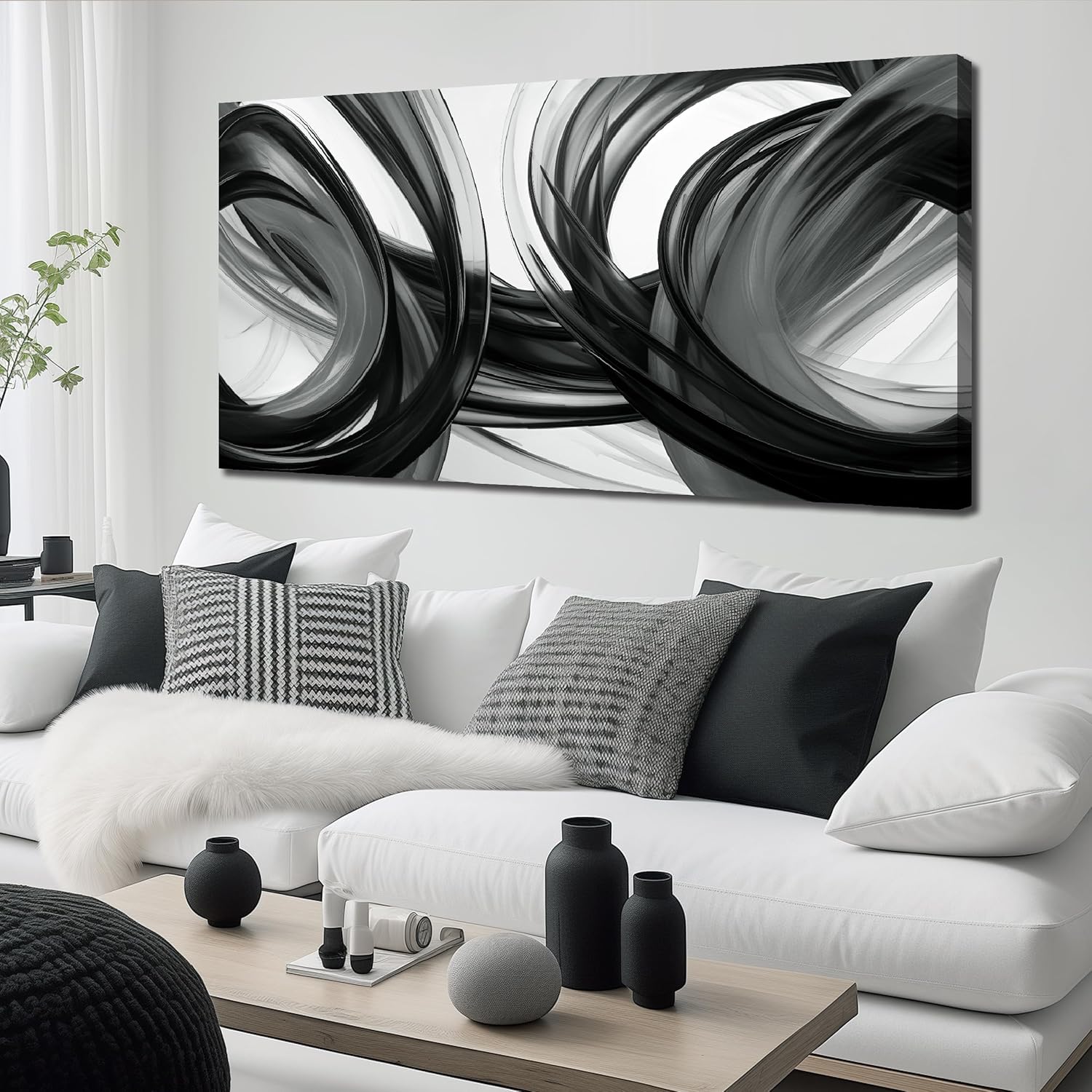 Large Abstract Canvas Wall Art for Living Room Black White and Gray Wall Decor for Bedroom Minimalist Wall Decoration Ready to Hang 29 x 58 Inch 58"L x 29"W Black White