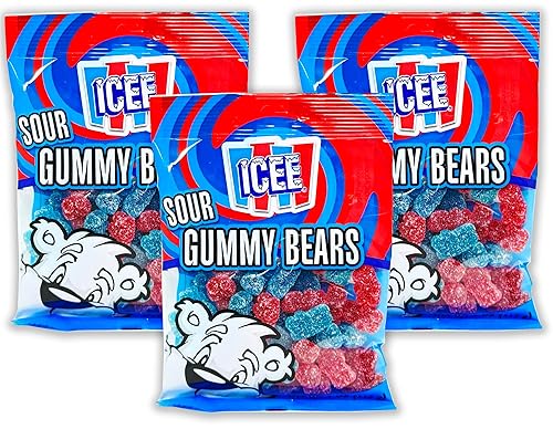 Icee Sour Gummy Bears, Sour Candy, Gummy Candy Cherry y Blue Raspberry Sour Gummies 4 onzas (paquete de 3)