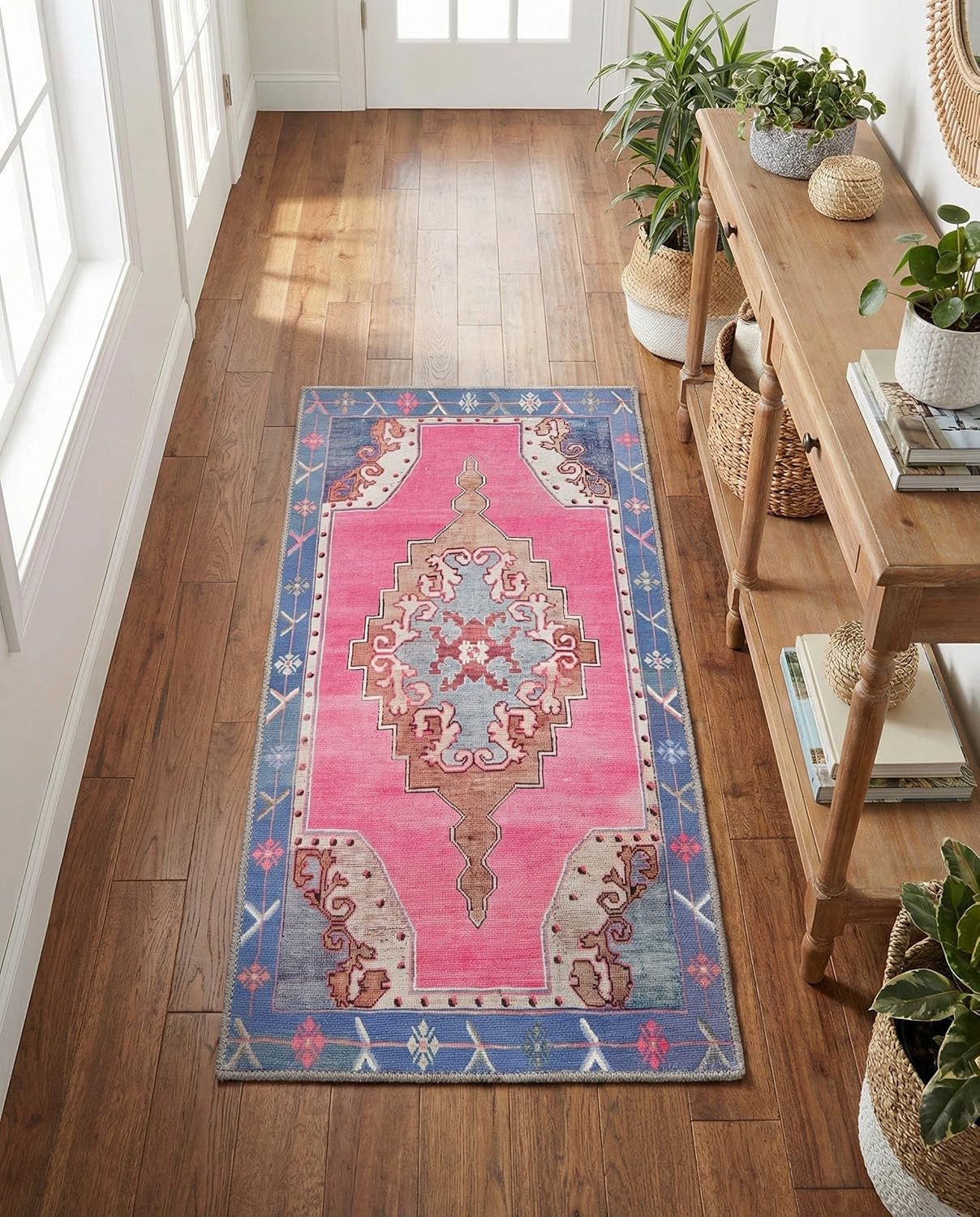 Rugs.com - Timeless Rug – 4 Ft Runner Fuchsia Washable Rug Retro Medallion, Easy-Clean, Perfect for Hallways