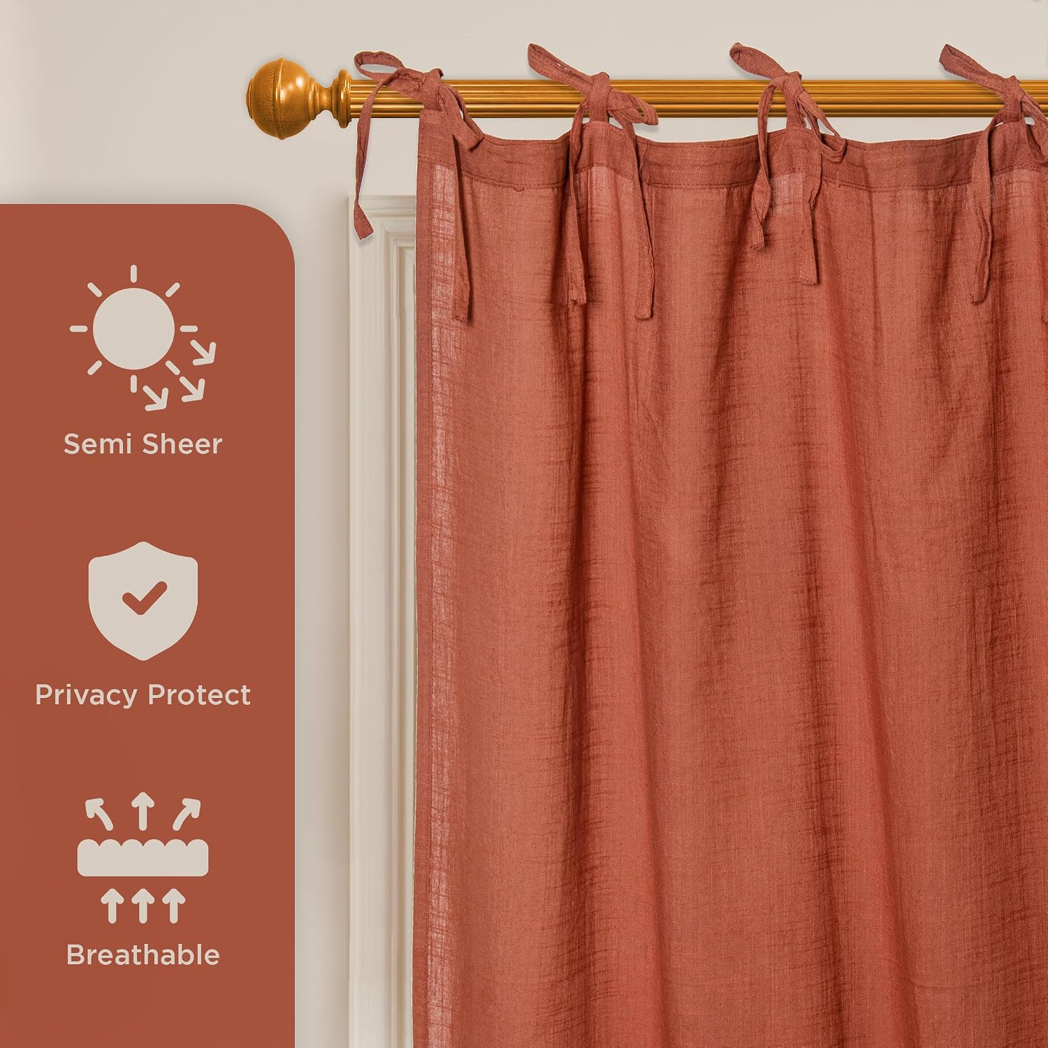 Rust Solid 63 Inch Length Curtains Farmhouse Linen Solid Light Filtering Slub Linen Valance Curtain Window Pair Drape with Tie Top 2 Panels Set 63 x 40 Each