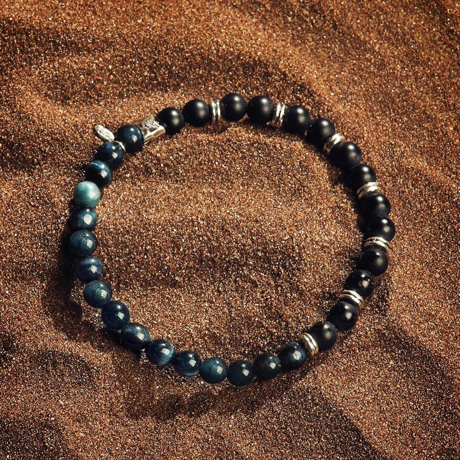 KARMA AND LUCK - Balanced Perspective - Men's Real Matte Onyx Blue Tiger's Eye 925 Sterling Silver Beaded Stretch 7" Bracelet Handmade in Bali To Help You Release Your Fears - Image 4